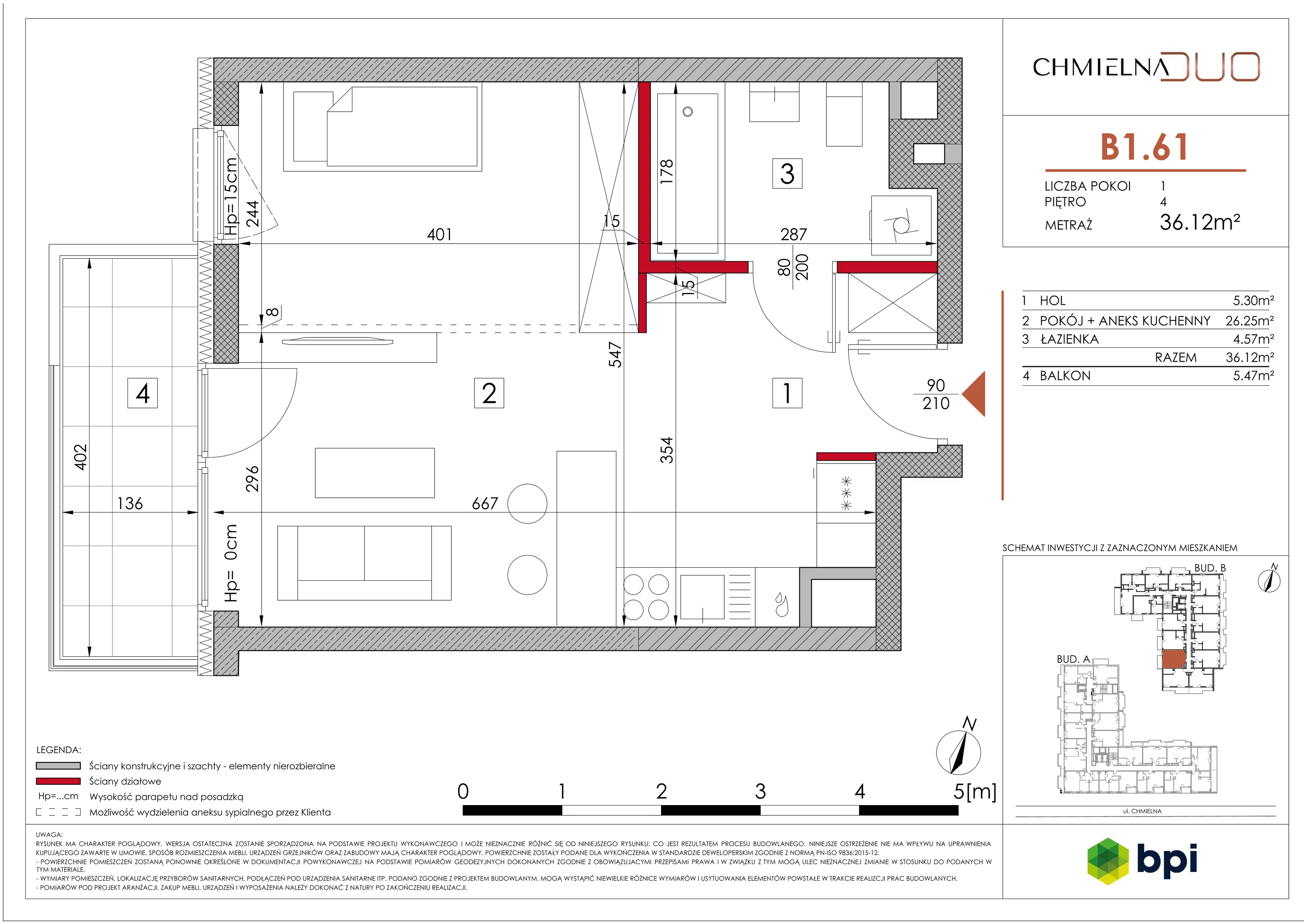 1 pokój, mieszkanie 36,39 m², piętro 4, oferta nr B1.61, Chmielna Duo, Warszawa, Wola, Mirów, ul. Chmielna
