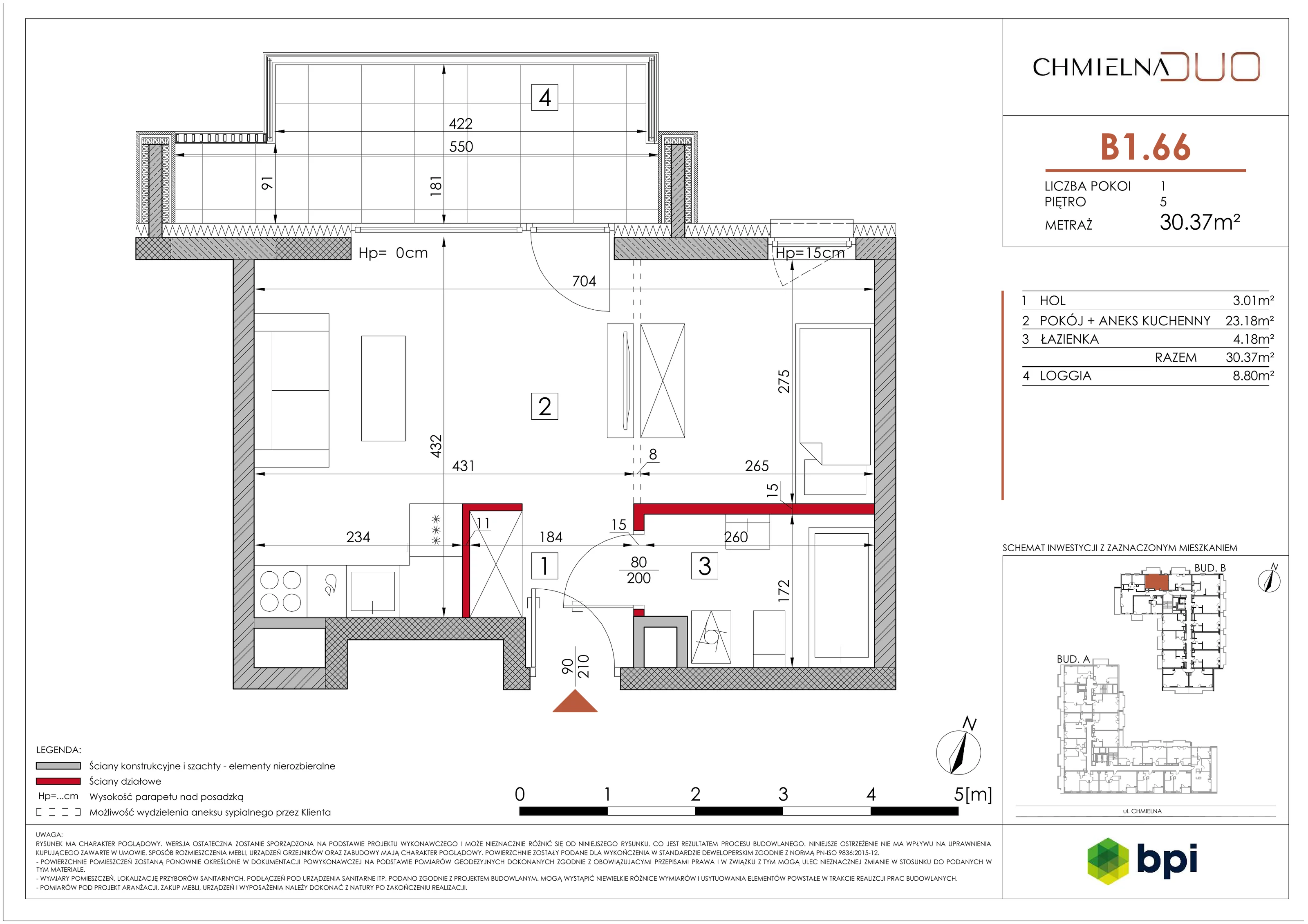 1 pokój, mieszkanie 30,56 m², piętro 5, oferta nr B1.66, Chmielna Duo, Warszawa, Wola, Mirów, ul. Chmielna
