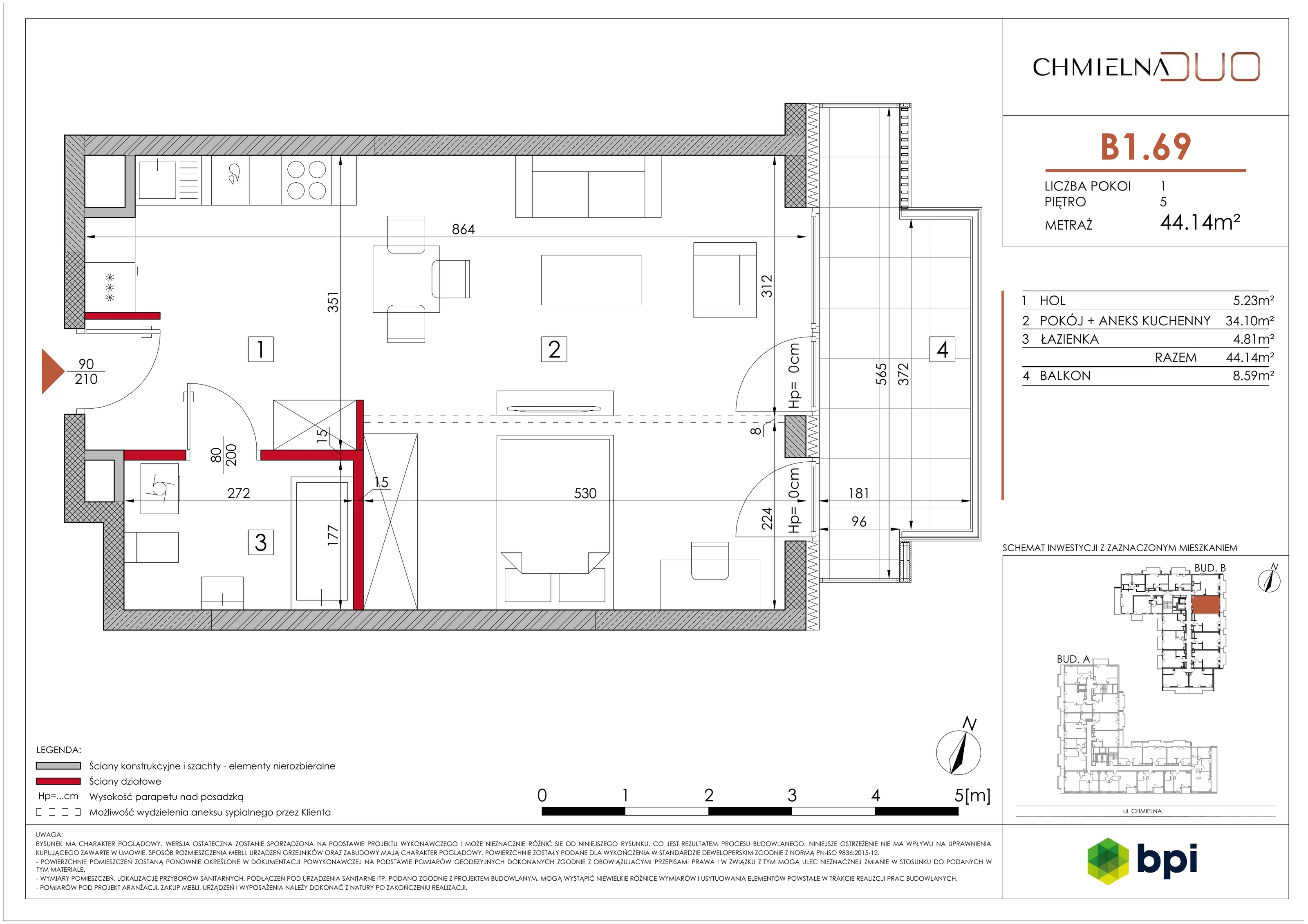 1 pokój, mieszkanie 44,28 m², piętro 5, oferta nr B1.69, Chmielna Duo, Warszawa, Wola, Mirów, ul. Chmielna