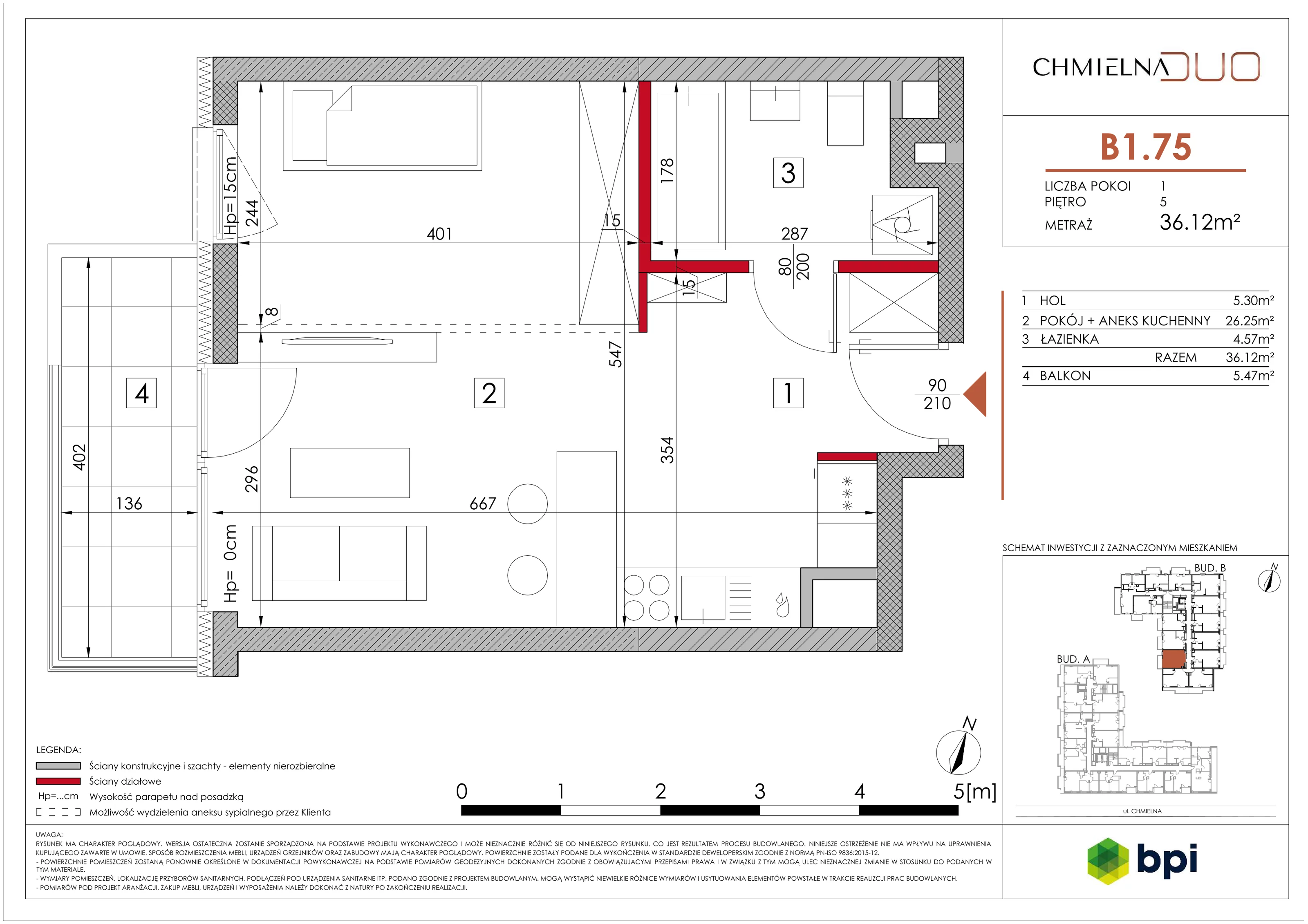 1 pokój, mieszkanie 36,35 m², piętro 5, oferta nr B1.75, Chmielna Duo, Warszawa, Wola, Mirów, ul. Chmielna