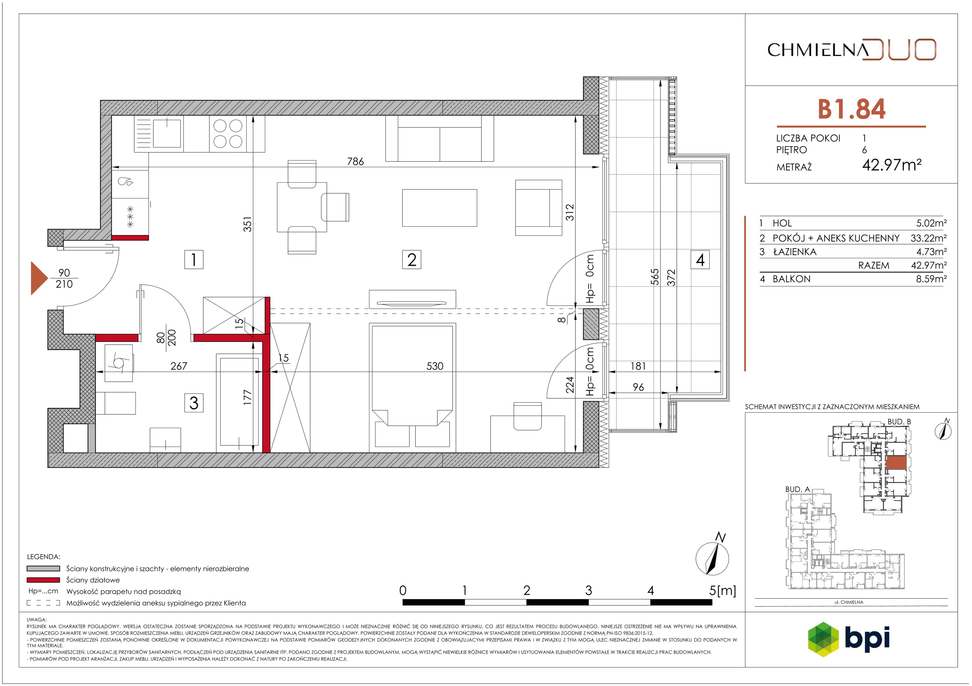 1 pokój, mieszkanie 43,11 m², piętro 6, oferta nr B1.84, Chmielna Duo, Warszawa, Wola, Mirów, ul. Chmielna