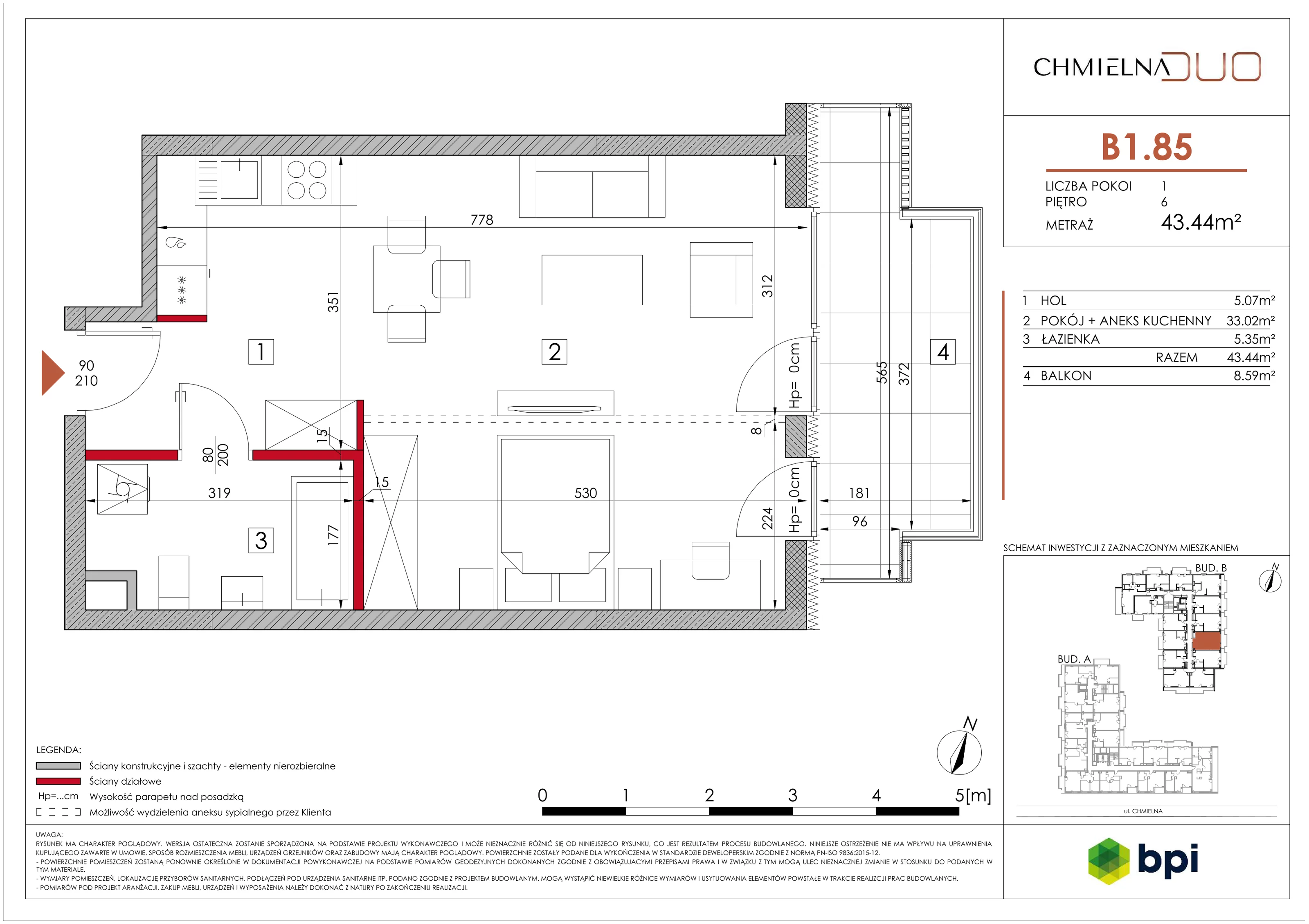 1 pokój, mieszkanie 43,69 m², piętro 6, oferta nr B1.85, Chmielna Duo, Warszawa, Wola, Mirów, ul. Chmielna