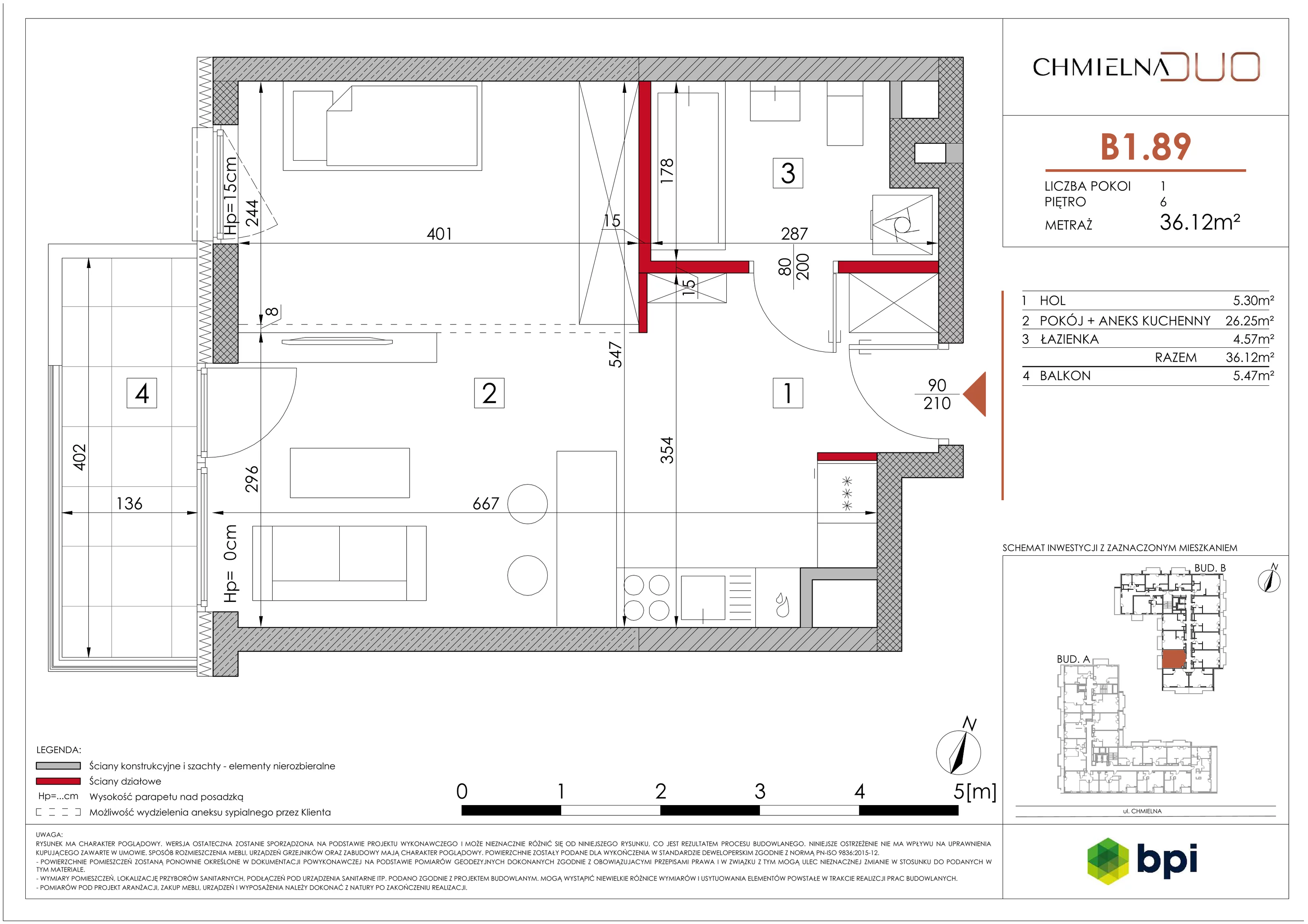 1 pokój, mieszkanie 36,24 m², piętro 6, oferta nr B1.89, Chmielna Duo, Warszawa, Wola, Mirów, ul. Chmielna