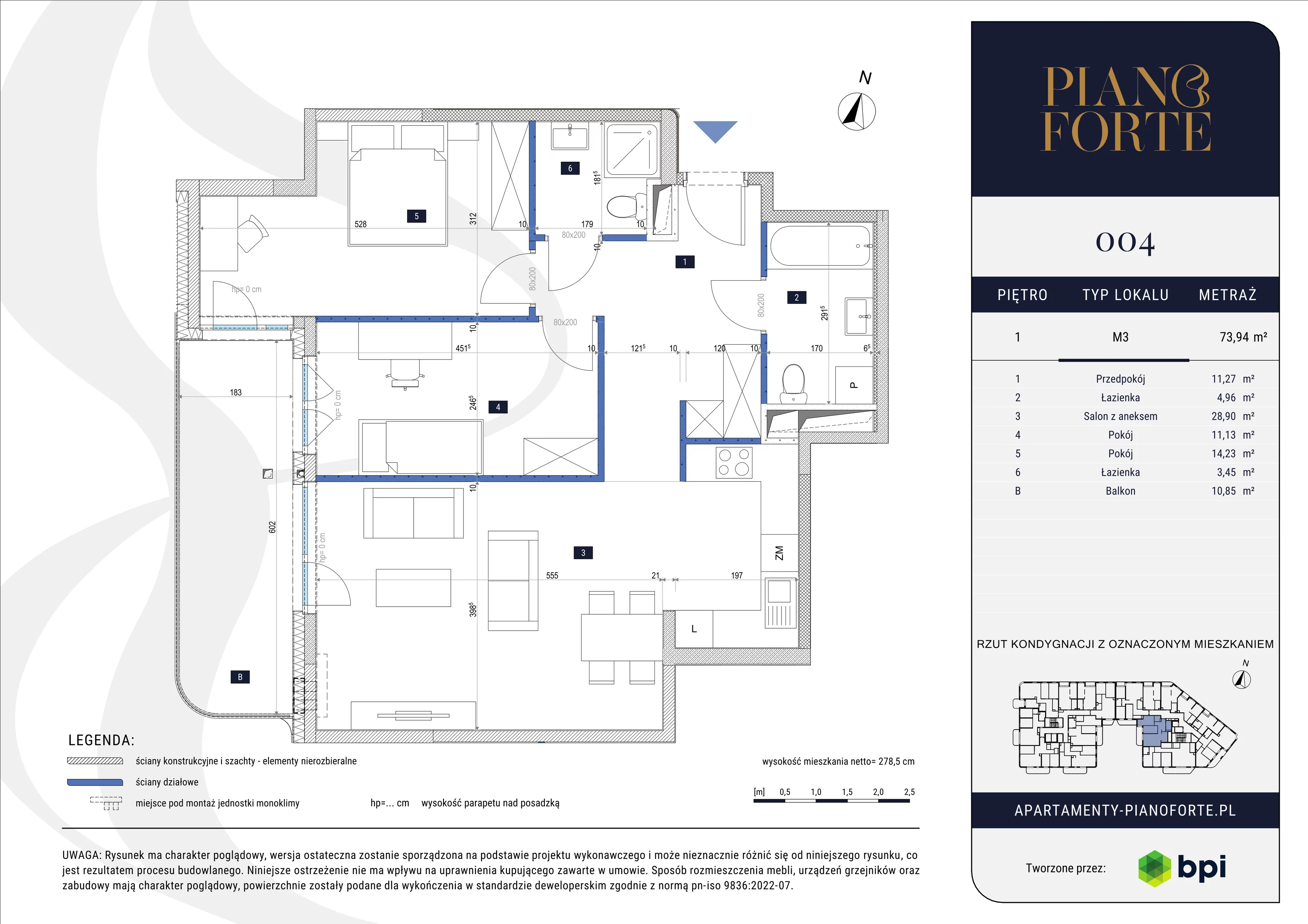 3 pokoje, mieszkanie 73,94 m², piętro 1, oferta nr PF-M-01.004, PianoForte, Warszawa, Mokotów, Sielce, ul. Zajączkowska 3