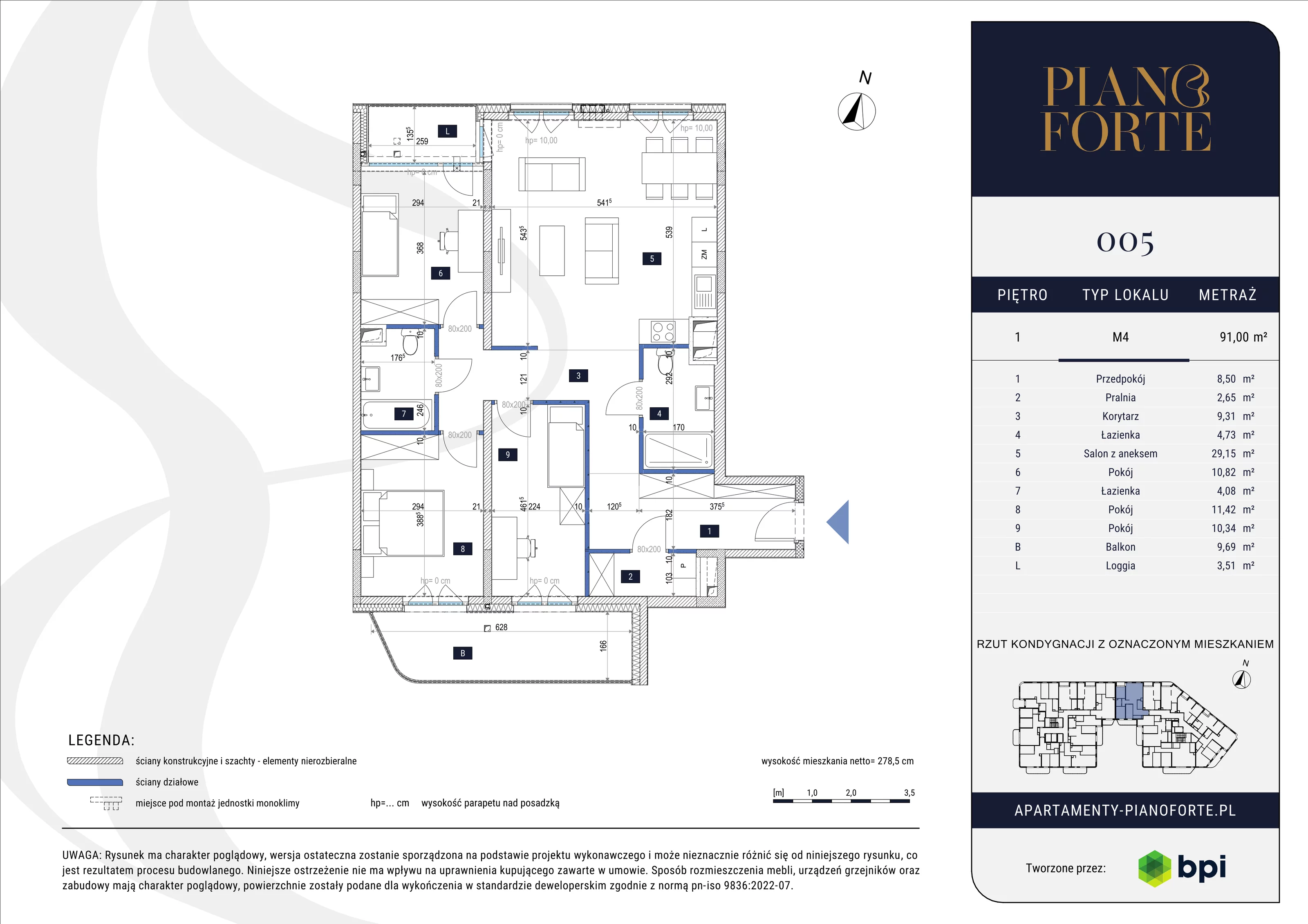 4 pokoje, mieszkanie 91,00 m², piętro 1, oferta nr PF-M-01.005, PianoForte, Warszawa, Mokotów, Sielce, ul. Zajączkowska 3