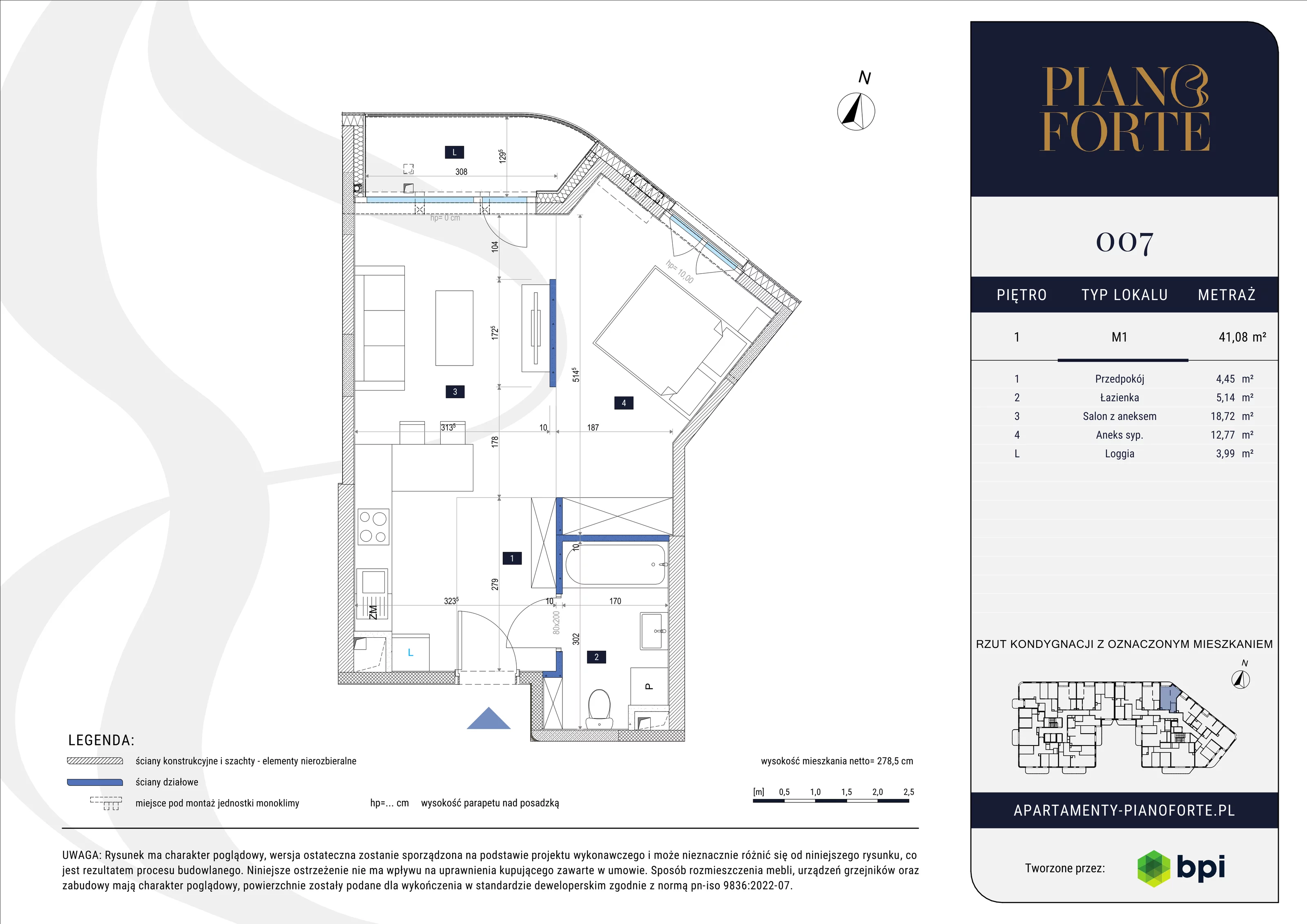 1 pokój, mieszkanie 41,08 m², piętro 1, oferta nr PF-M-01.007, PianoForte, Warszawa, Mokotów, Sielce, ul. Zajączkowska 3
