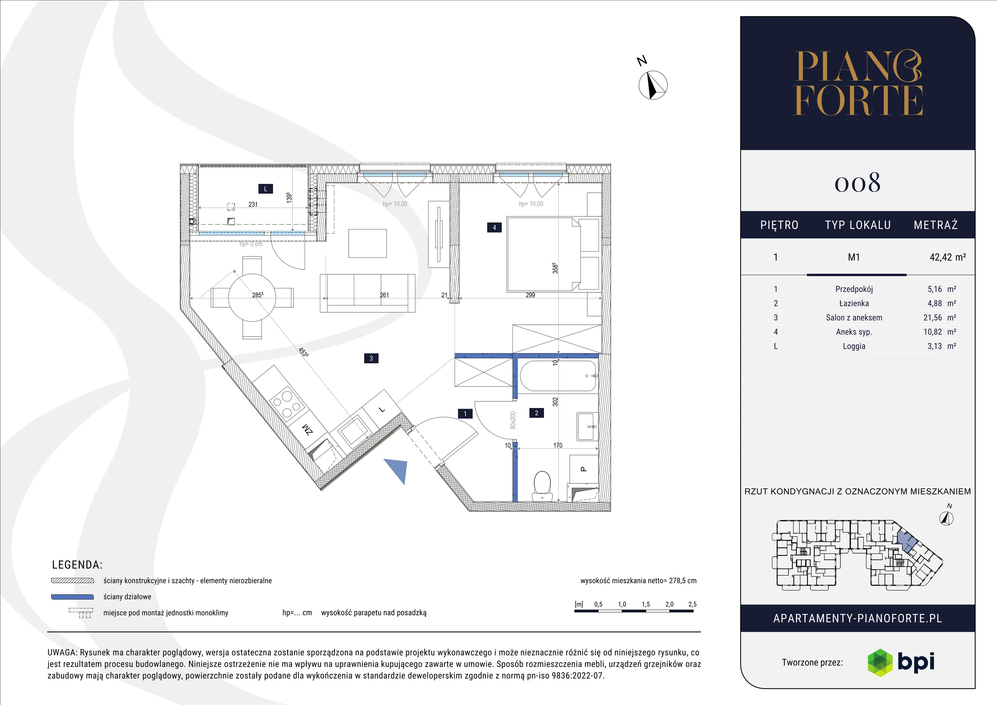 1 pokój, mieszkanie 42,42 m², piętro 1, oferta nr PF-M-01.008, PianoForte, Warszawa, Mokotów, Sielce, ul. Zajączkowska 3