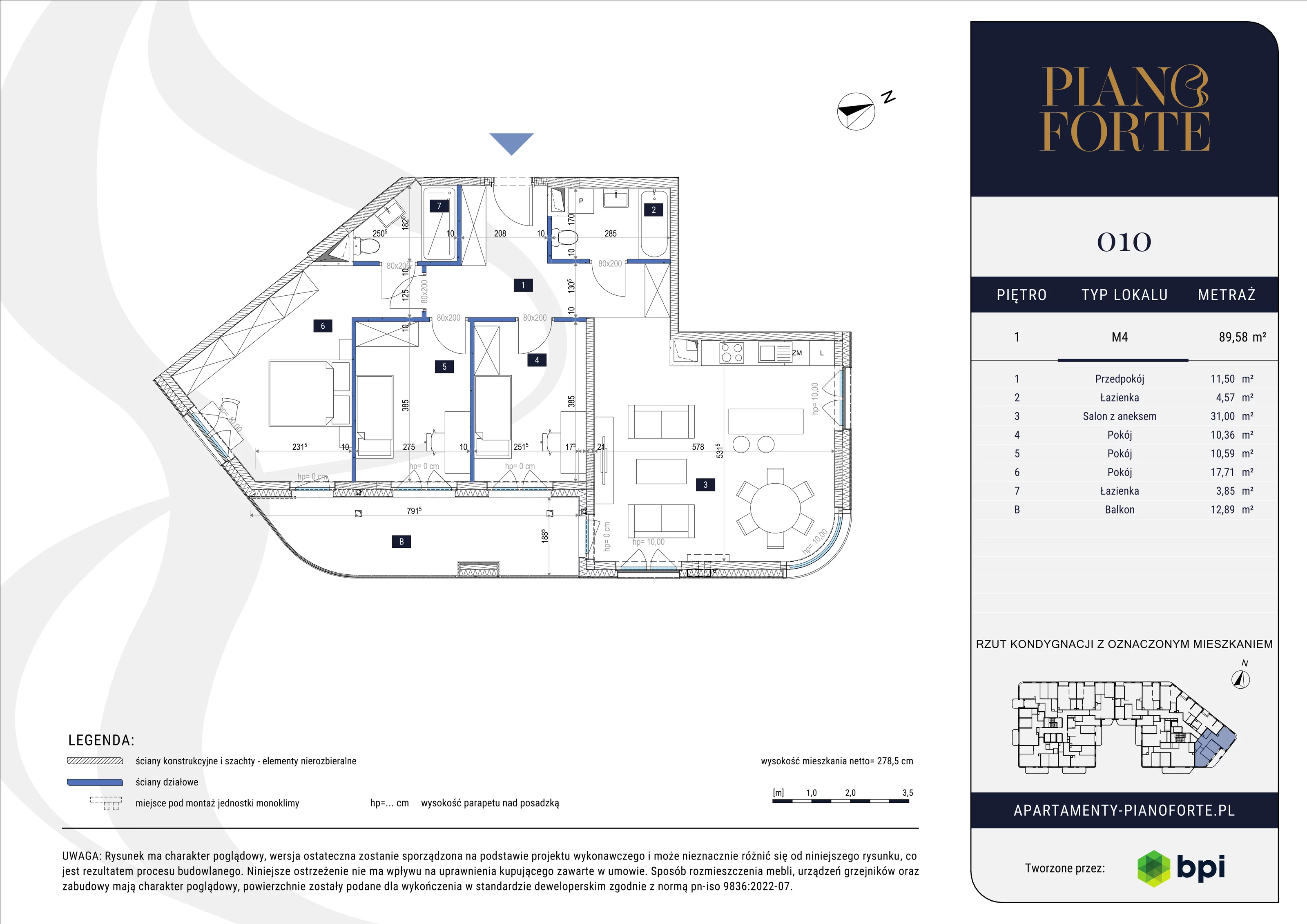 4 pokoje, mieszkanie 89,58 m², piętro 1, oferta nr PF-M-01.010, PianoForte, Warszawa, Mokotów, Sielce, ul. Zajączkowska 3