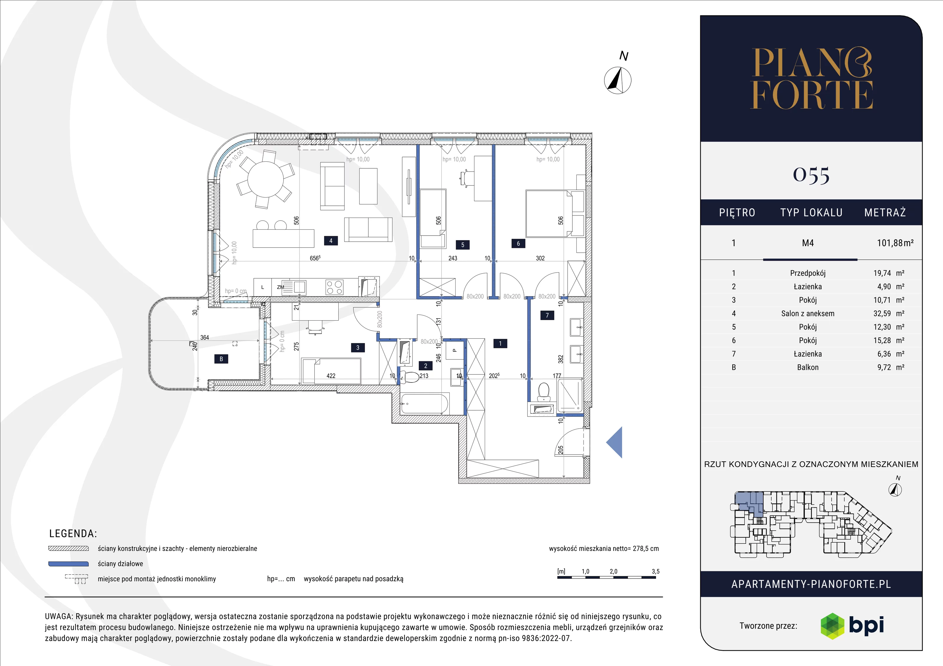 4 pokoje, mieszkanie 101,88 m², piętro 1, oferta nr PF-M-01.055, PianoForte, Warszawa, Mokotów, Sielce, ul. Zajączkowska 3