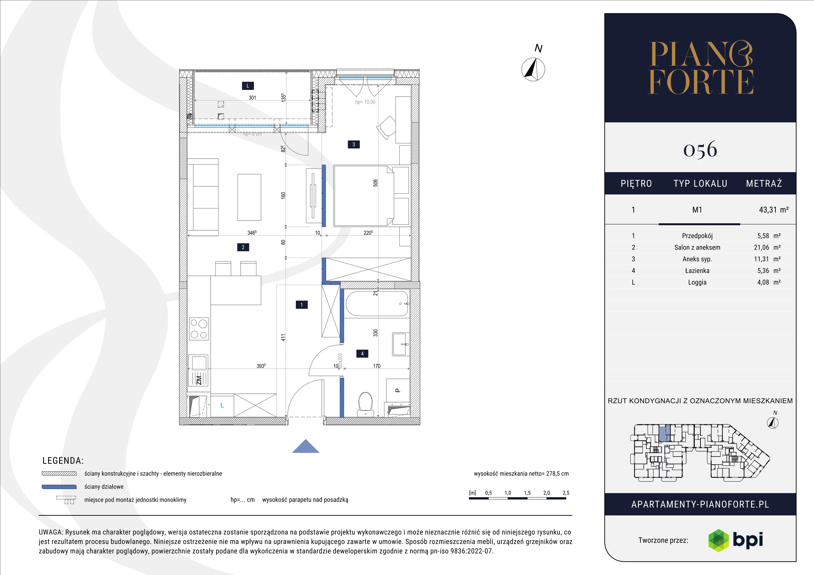 1 pokój, mieszkanie 43,31 m², piętro 1, oferta nr PF-M-01.056, PianoForte, Warszawa, Mokotów, Sielce, ul. Zajączkowska 3