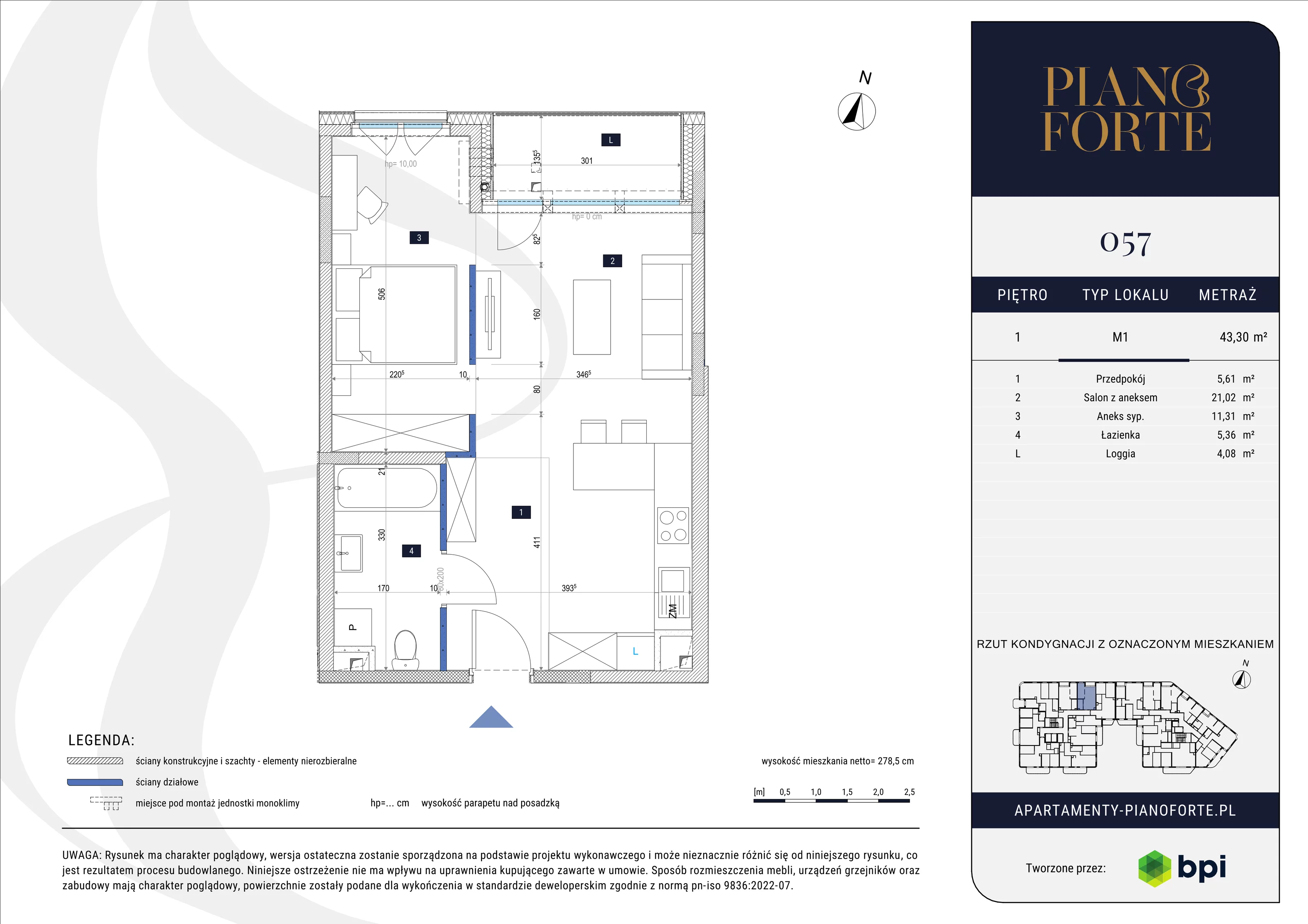 1 pokój, mieszkanie 43,30 m², piętro 1, oferta nr PF-M-01.057, PianoForte, Warszawa, Mokotów, Sielce, ul. Zajączkowska 3
