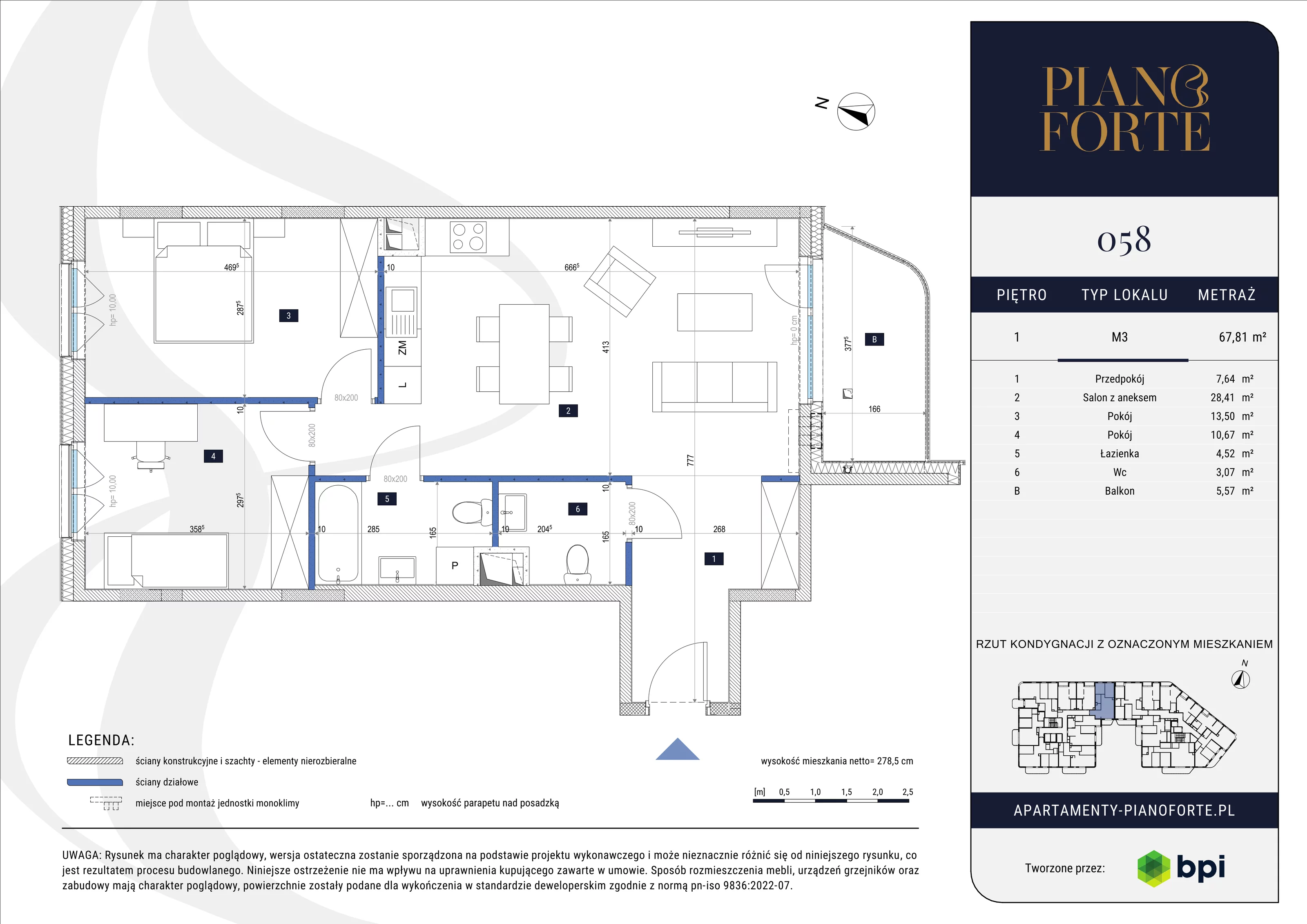 3 pokoje, mieszkanie 67,81 m², piętro 1, oferta nr PF-M-01.058, PianoForte, Warszawa, Mokotów, Sielce, ul. Zajączkowska 3