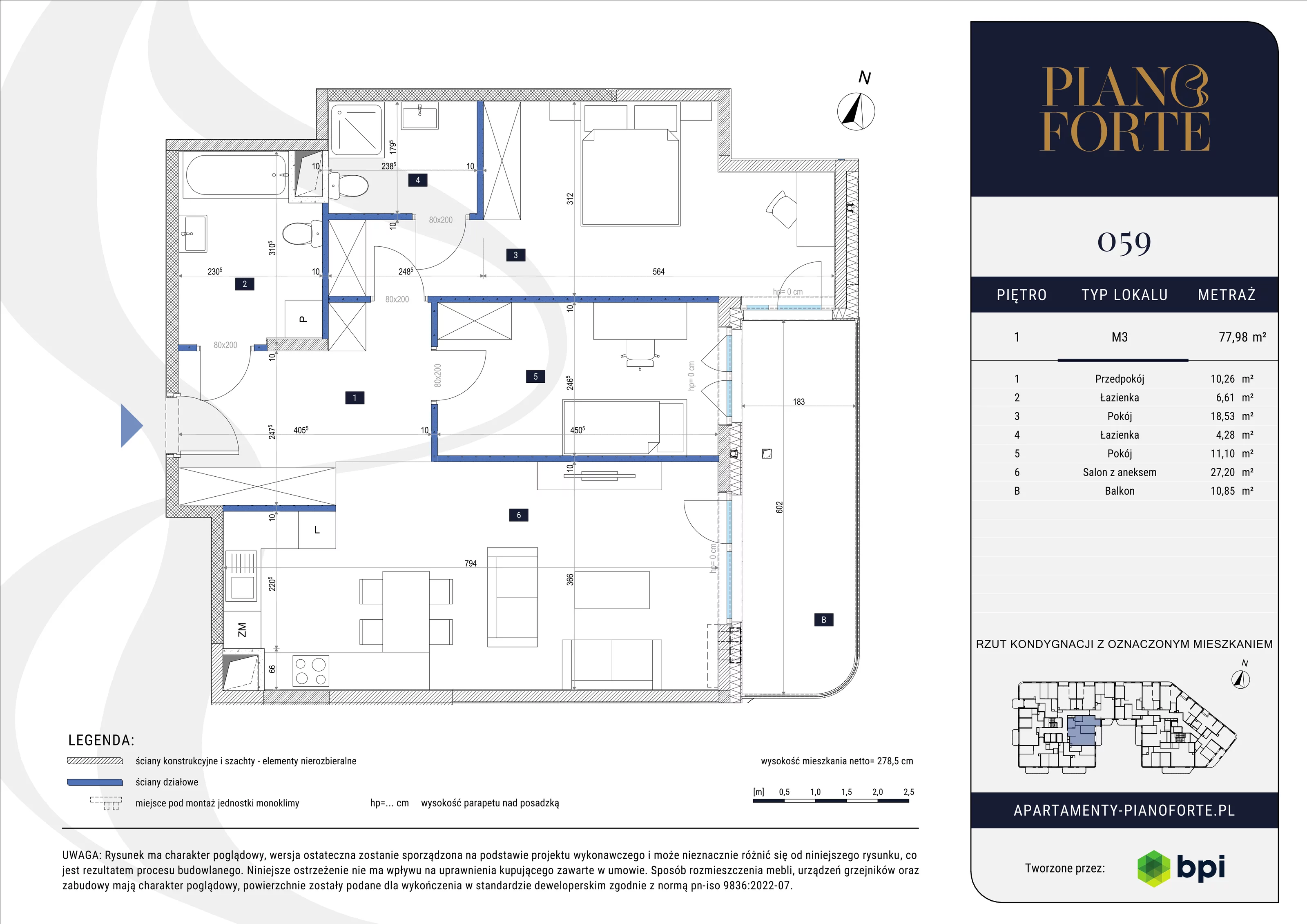 3 pokoje, mieszkanie 77,98 m², piętro 1, oferta nr PF-M-01.059, PianoForte, Warszawa, Mokotów, Sielce, ul. Zajączkowska 3