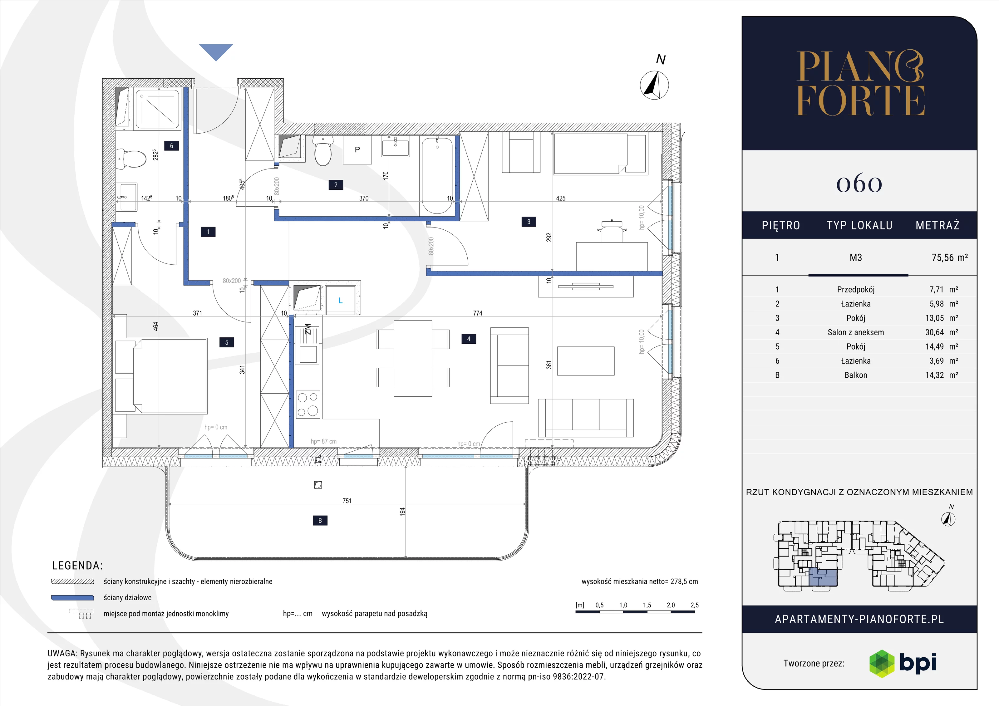 3 pokoje, mieszkanie 75,56 m², piętro 1, oferta nr PF-M-01.060, PianoForte, Warszawa, Mokotów, Sielce, ul. Zajączkowska 3