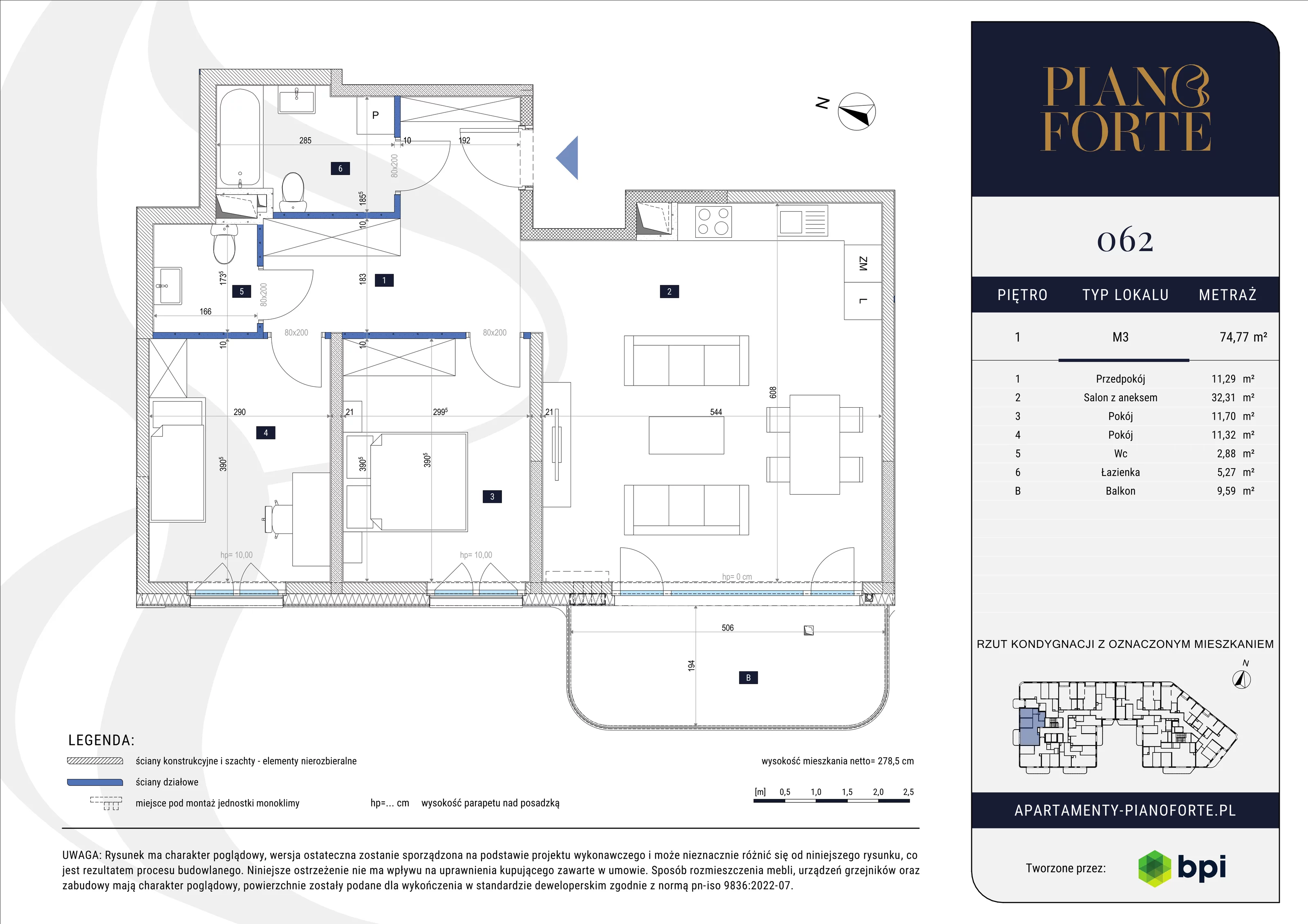 3 pokoje, mieszkanie 74,77 m², piętro 1, oferta nr PF-M-01.062, PianoForte, Warszawa, Mokotów, Sielce, ul. Zajączkowska 3