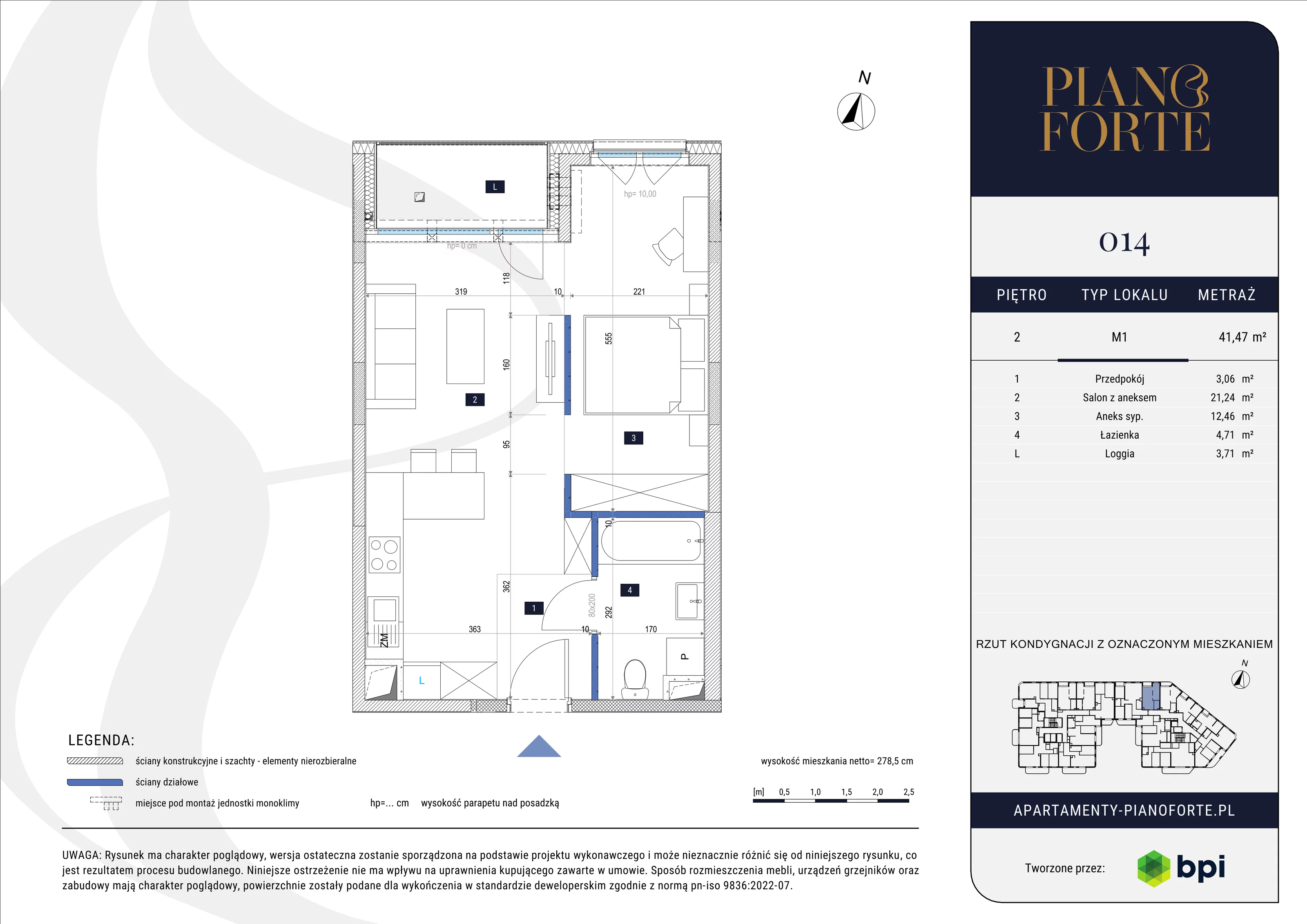 1 pokój, mieszkanie 41,47 m², piętro 2, oferta nr PF-M-02.014, PianoForte, Warszawa, Mokotów, Sielce, ul. Zajączkowska 3