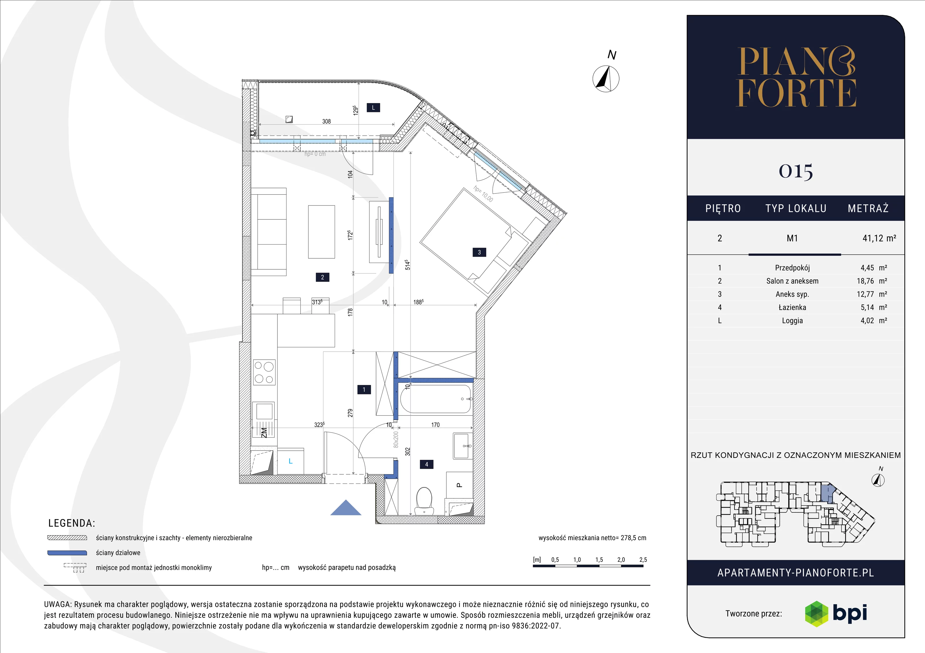 1 pokój, mieszkanie 41,12 m², piętro 2, oferta nr PF-M-02.015, PianoForte, Warszawa, Mokotów, Sielce, ul. Zajączkowska 3