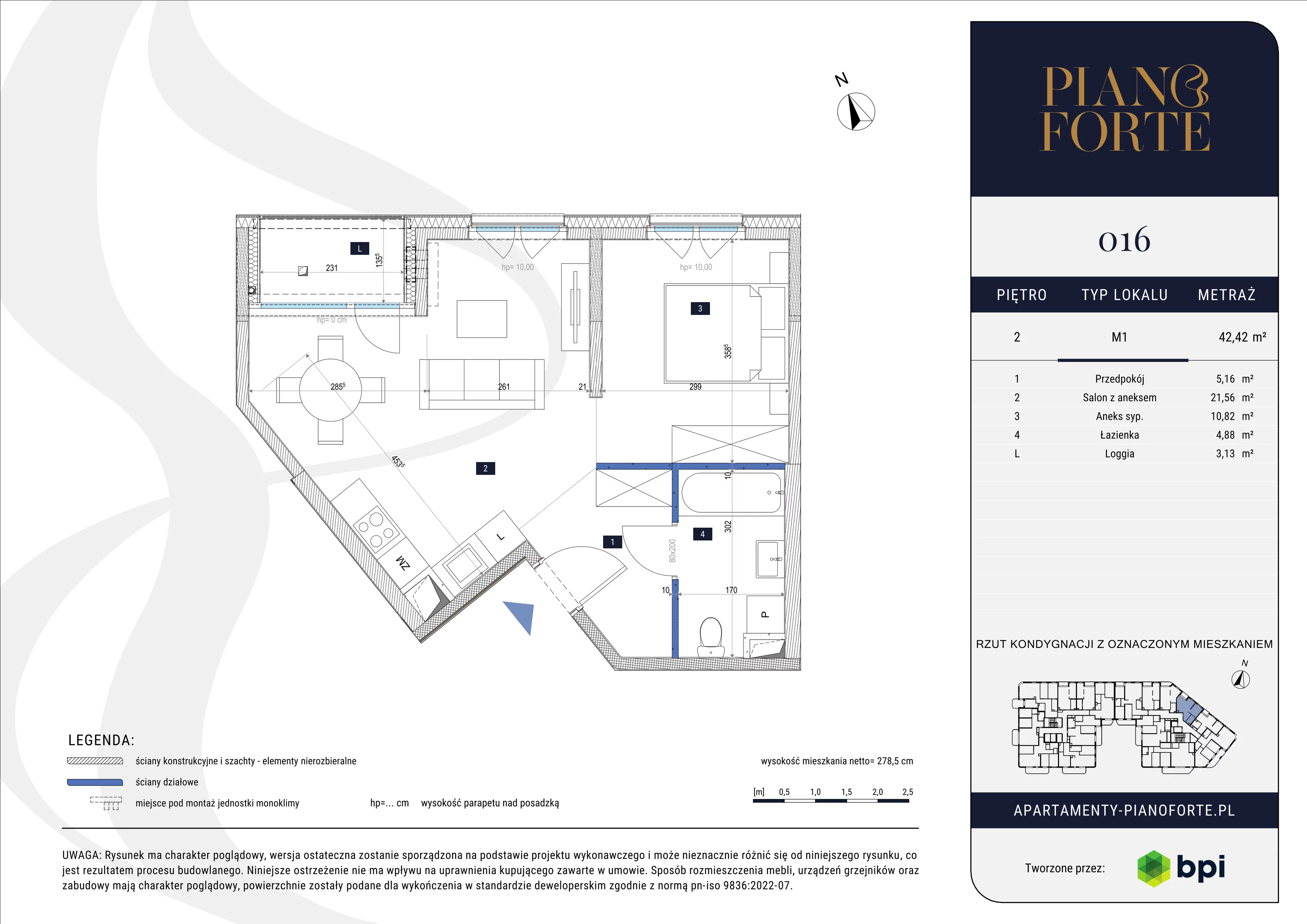 1 pokój, mieszkanie 42,42 m², piętro 2, oferta nr PF-M-02.016, PianoForte, Warszawa, Mokotów, Sielce, ul. Zajączkowska 3
