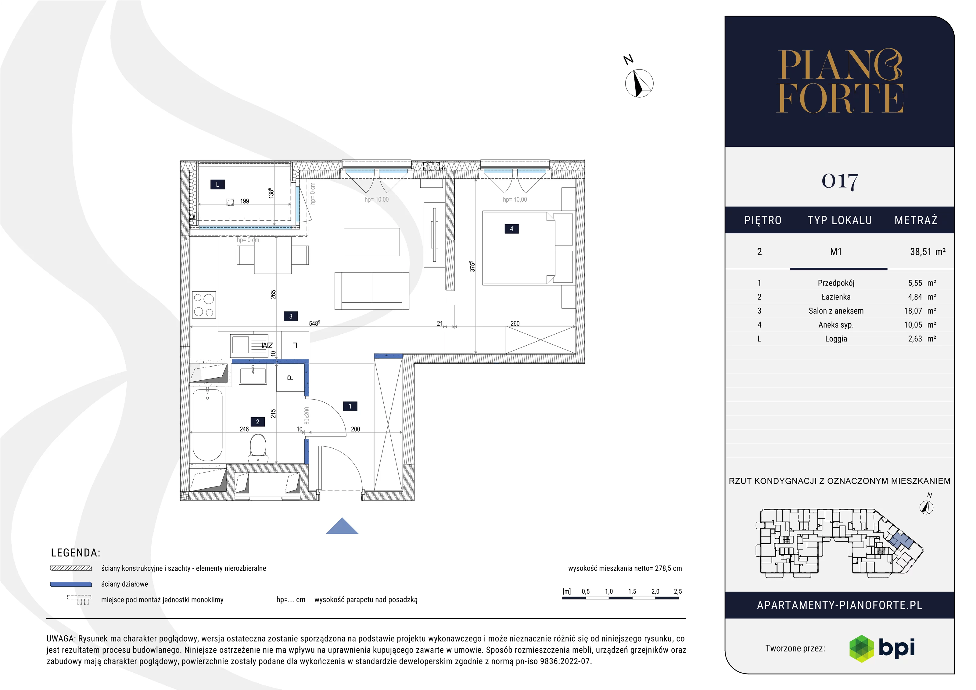 1 pokój, mieszkanie 38,51 m², piętro 2, oferta nr PF-M-02.017, PianoForte, Warszawa, Mokotów, Sielce, ul. Zajączkowska 3