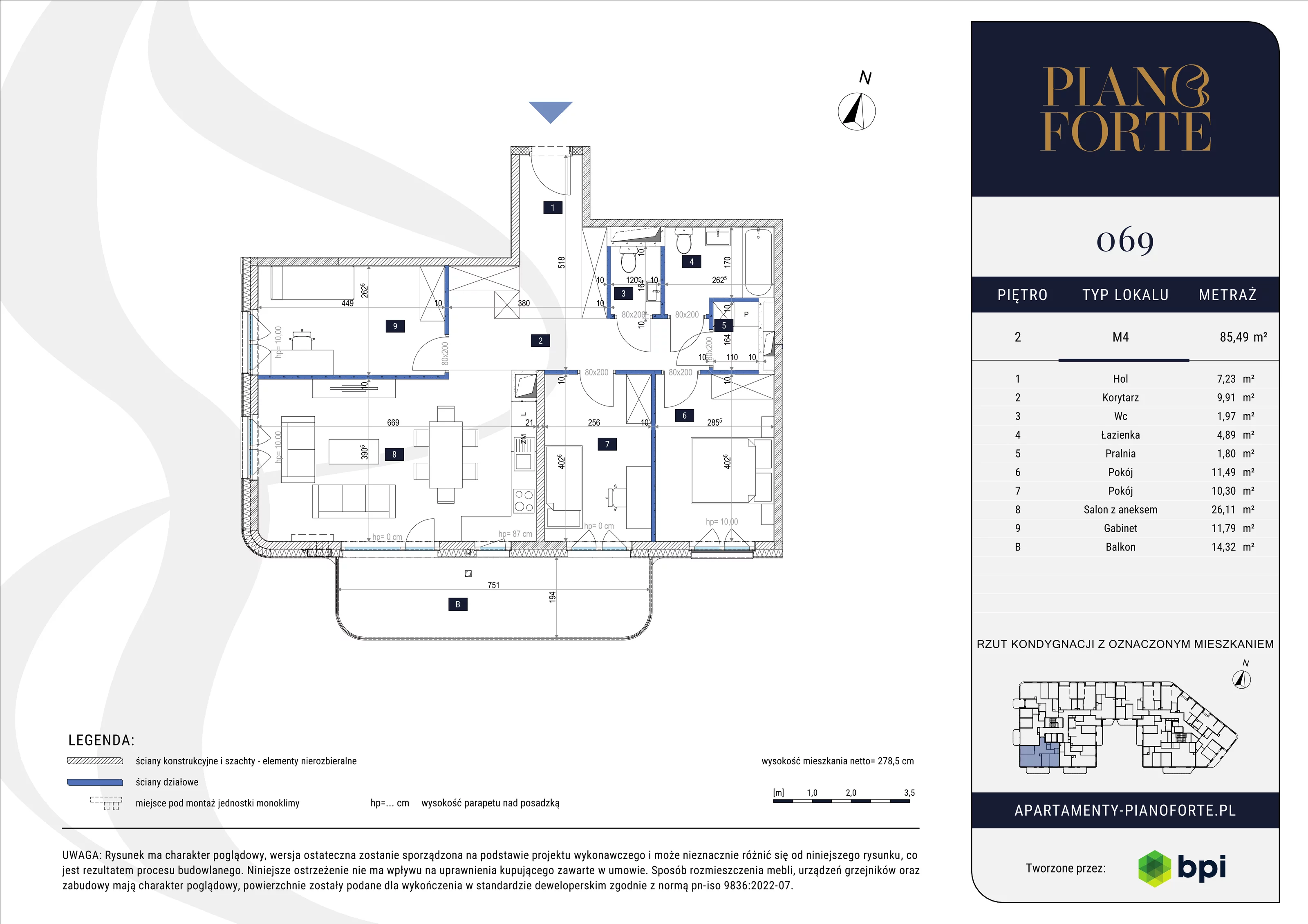 4 pokoje, mieszkanie 85,49 m², piętro 2, oferta nr PF-M-02.069, PianoForte, Warszawa, Mokotów, Sielce, ul. Zajączkowska 3