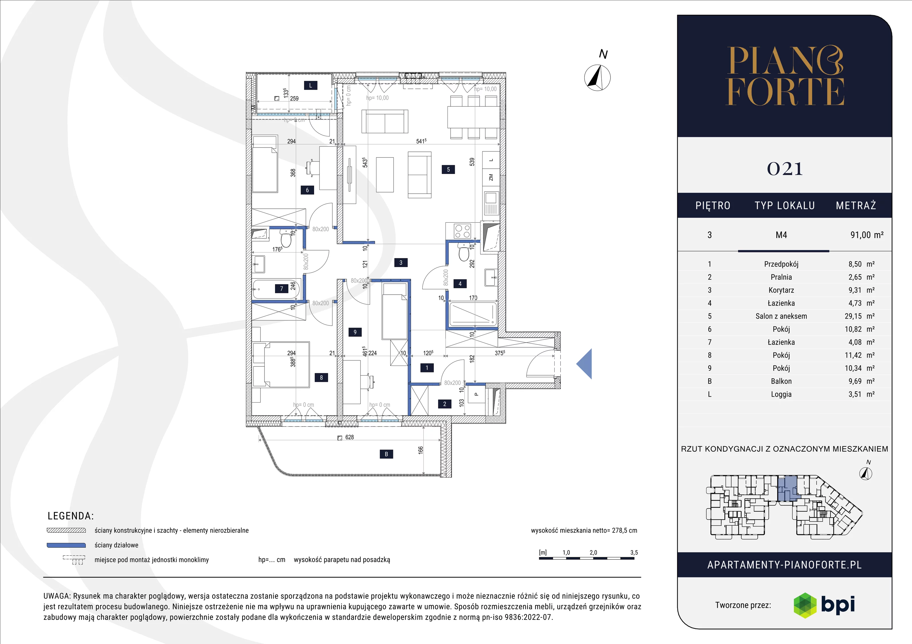 4 pokoje, mieszkanie 91,00 m², piętro 3, oferta nr PF-M-03.021, PianoForte, Warszawa, Mokotów, Sielce, ul. Zajączkowska 3
