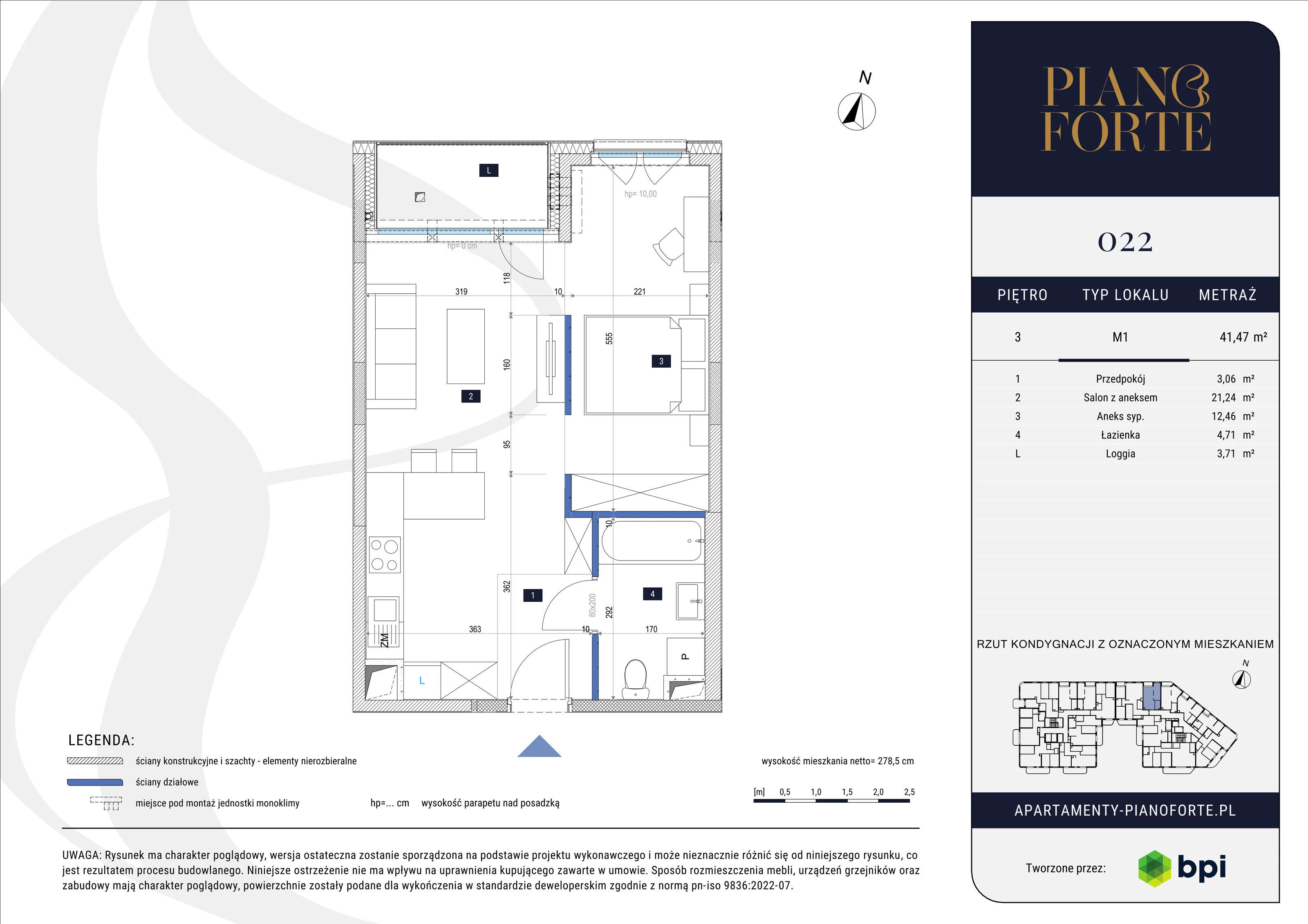 1 pokój, mieszkanie 41,47 m², piętro 3, oferta nr PF-M-03.022, PianoForte, Warszawa, Mokotów, Sielce, ul. Zajączkowska 3