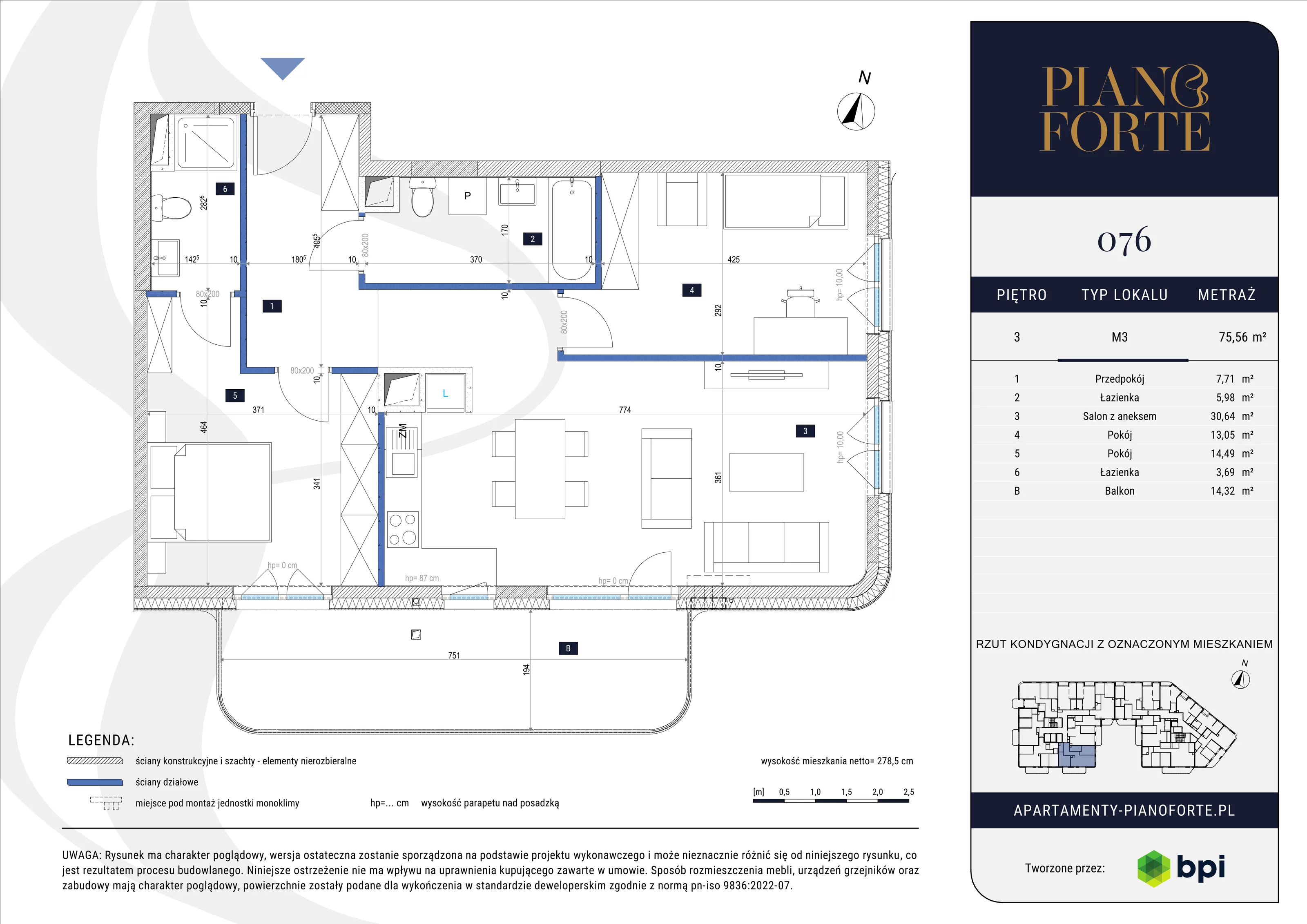 3 pokoje, mieszkanie 75,56 m², piętro 3, oferta nr PF-M-03.076, PianoForte, Warszawa, Mokotów, Sielce, ul. Zajączkowska 3