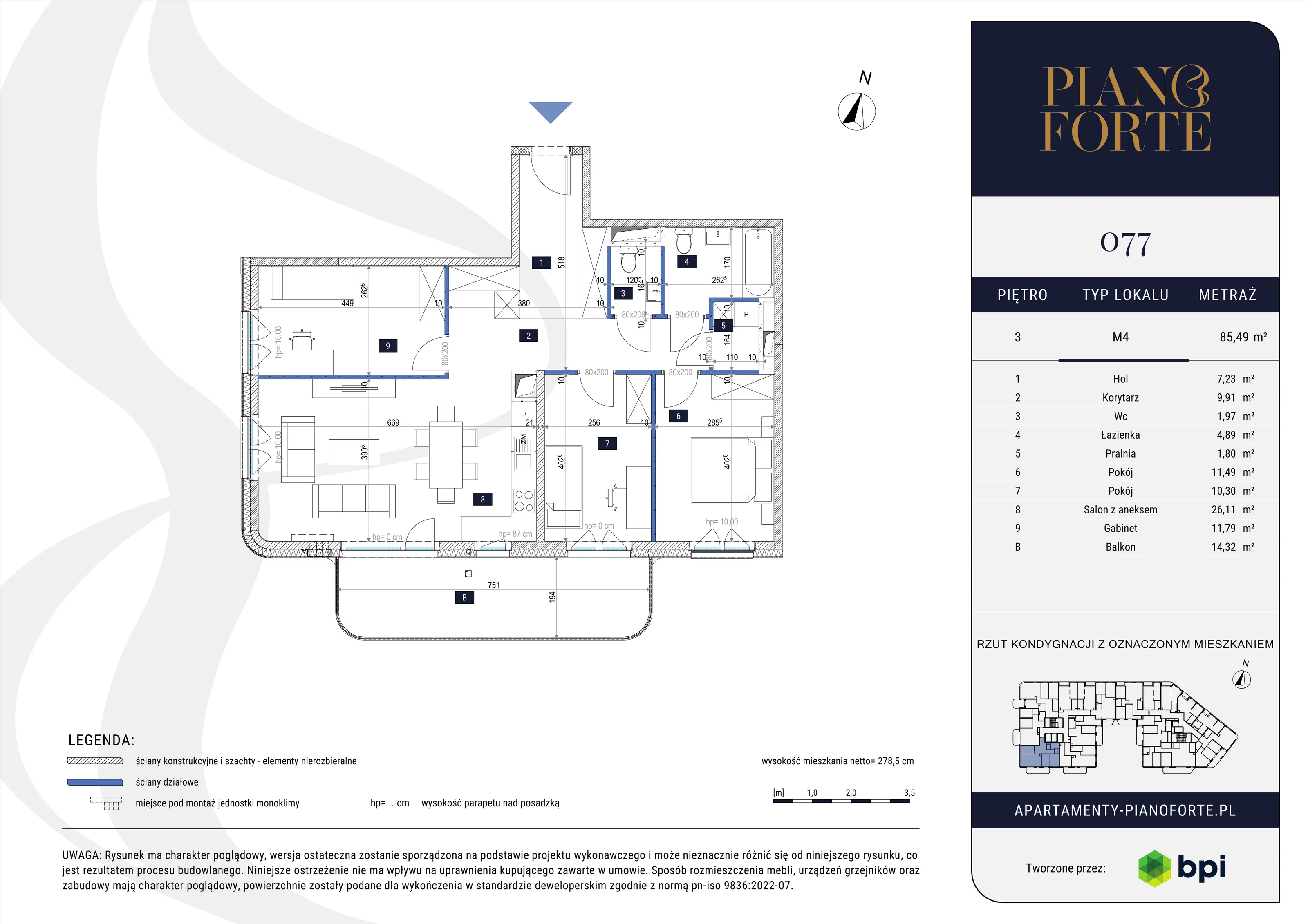 4 pokoje, mieszkanie 85,49 m², piętro 3, oferta nr PF-M-03.077, PianoForte, Warszawa, Mokotów, Sielce, ul. Zajączkowska 3