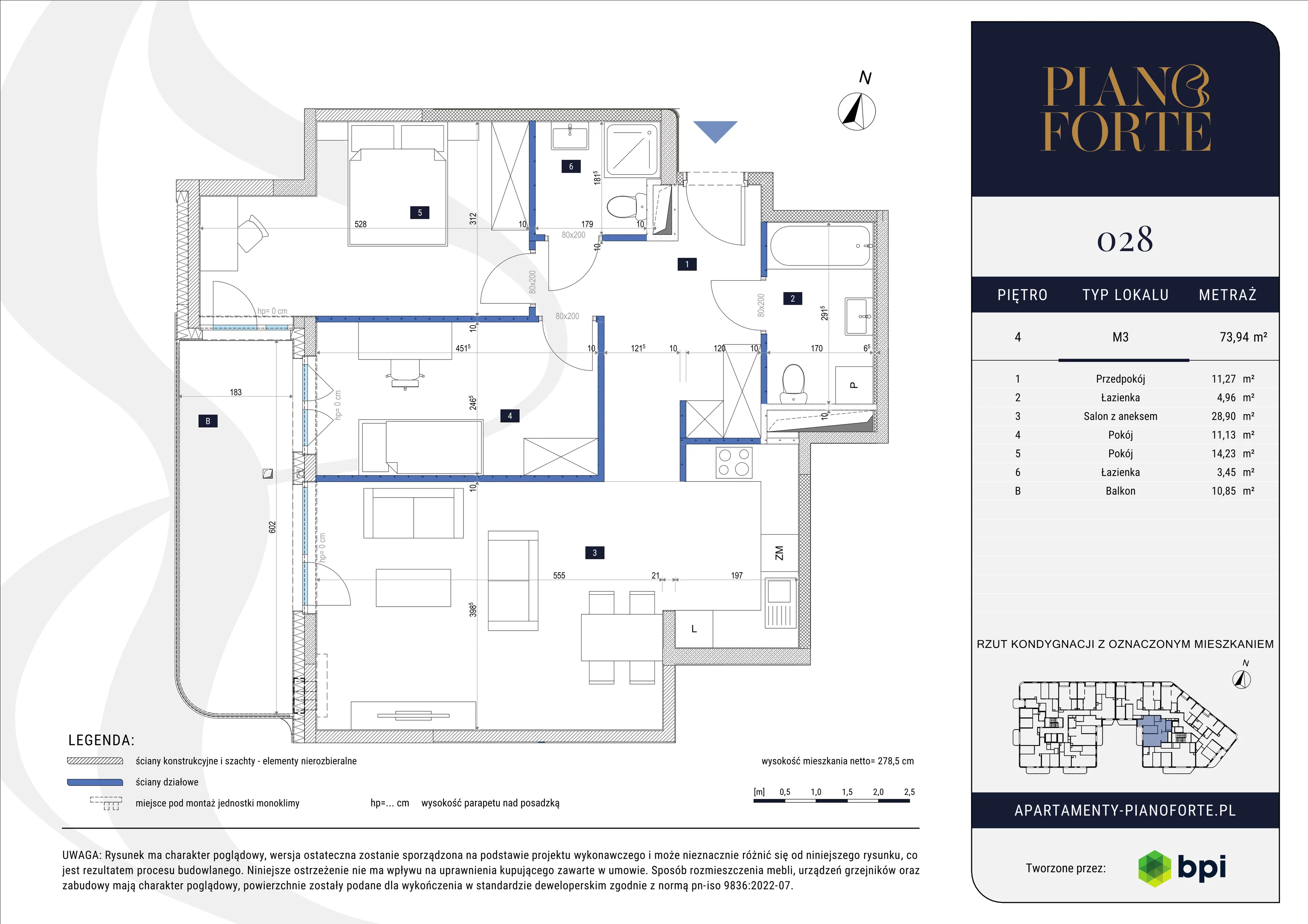 3 pokoje, mieszkanie 73,94 m², piętro 4, oferta nr PF-M-04.028, PianoForte, Warszawa, Mokotów, Sielce, ul. Zajączkowska 3