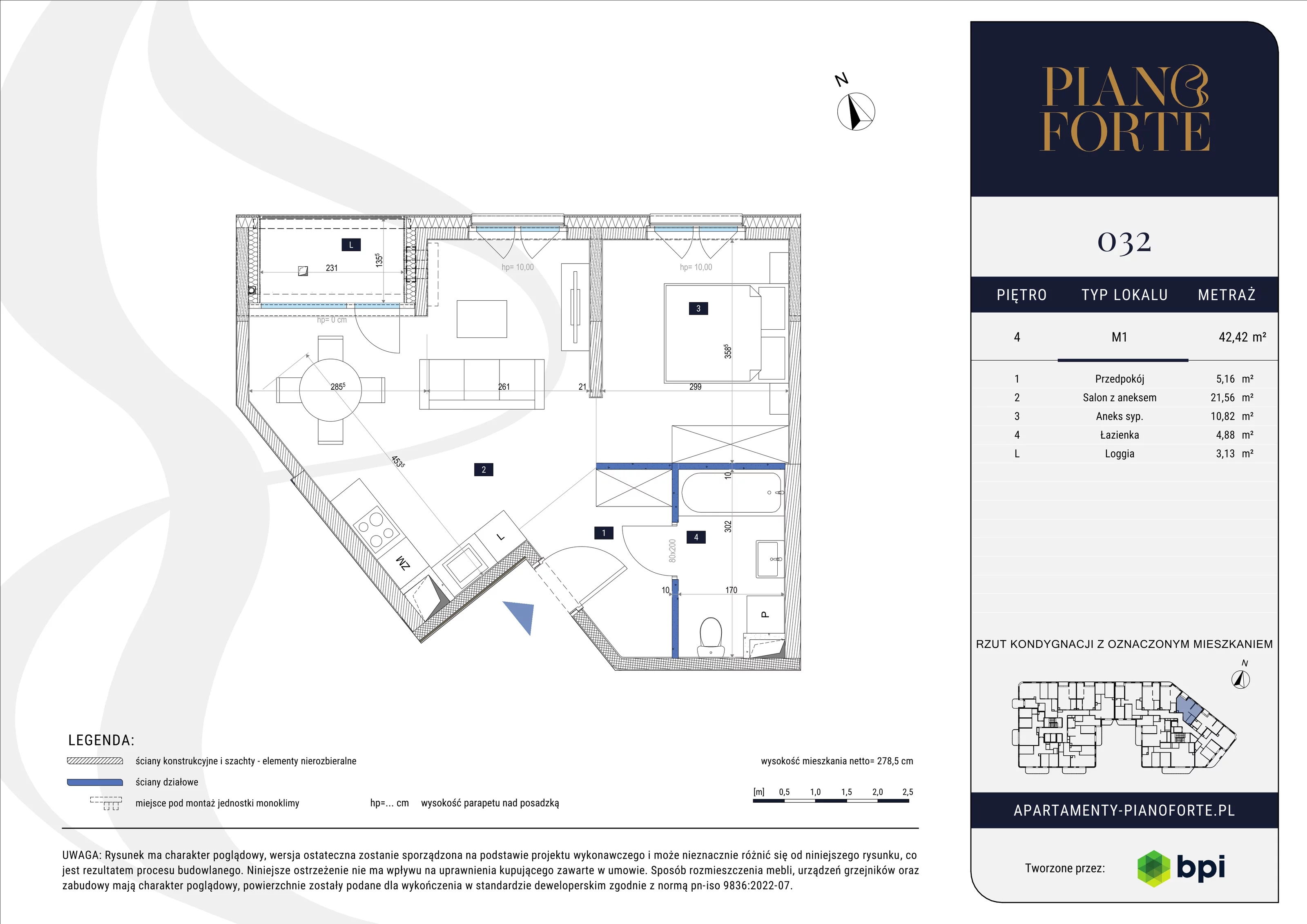 1 pokój, mieszkanie 42,42 m², piętro 4, oferta nr PF-M-04.032, PianoForte, Warszawa, Mokotów, Sielce, ul. Zajączkowska 3