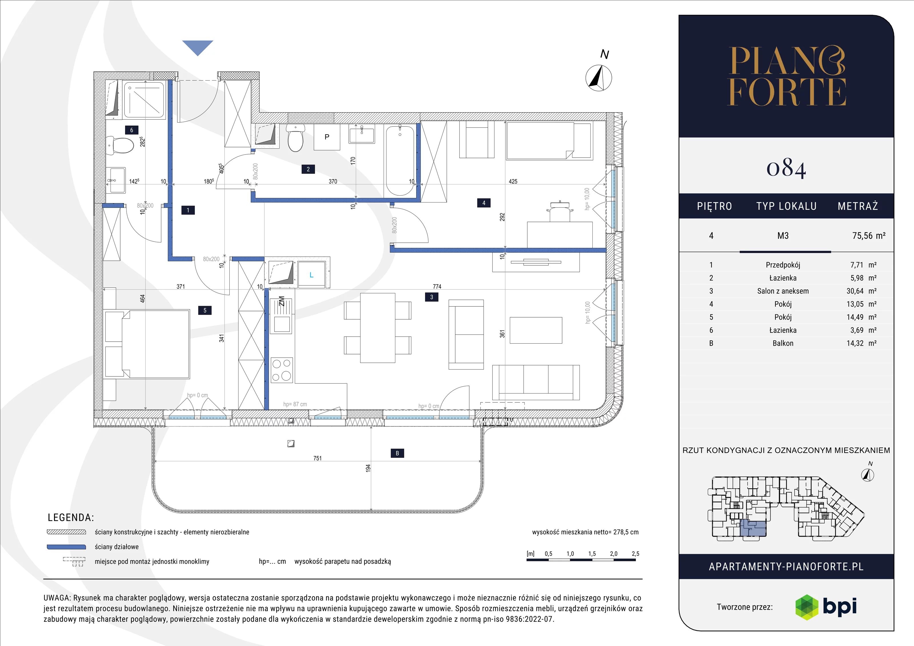 3 pokoje, mieszkanie 75,56 m², piętro 4, oferta nr PF-M-04.084, PianoForte, Warszawa, Mokotów, Sielce, ul. Zajączkowska 3