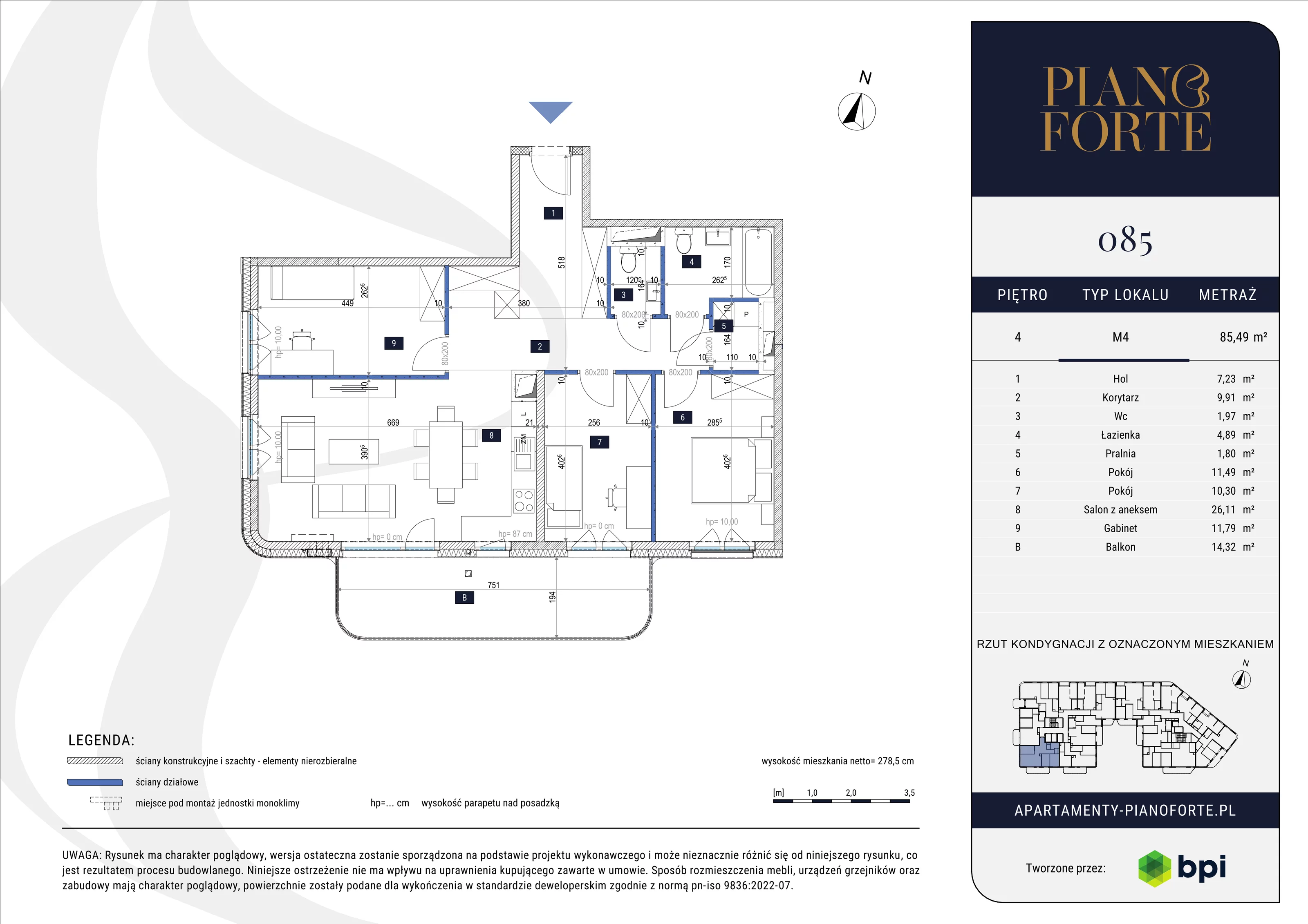 4 pokoje, mieszkanie 85,49 m², piętro 4, oferta nr PF-M-04.085, PianoForte, Warszawa, Mokotów, Sielce, ul. Zajączkowska 3