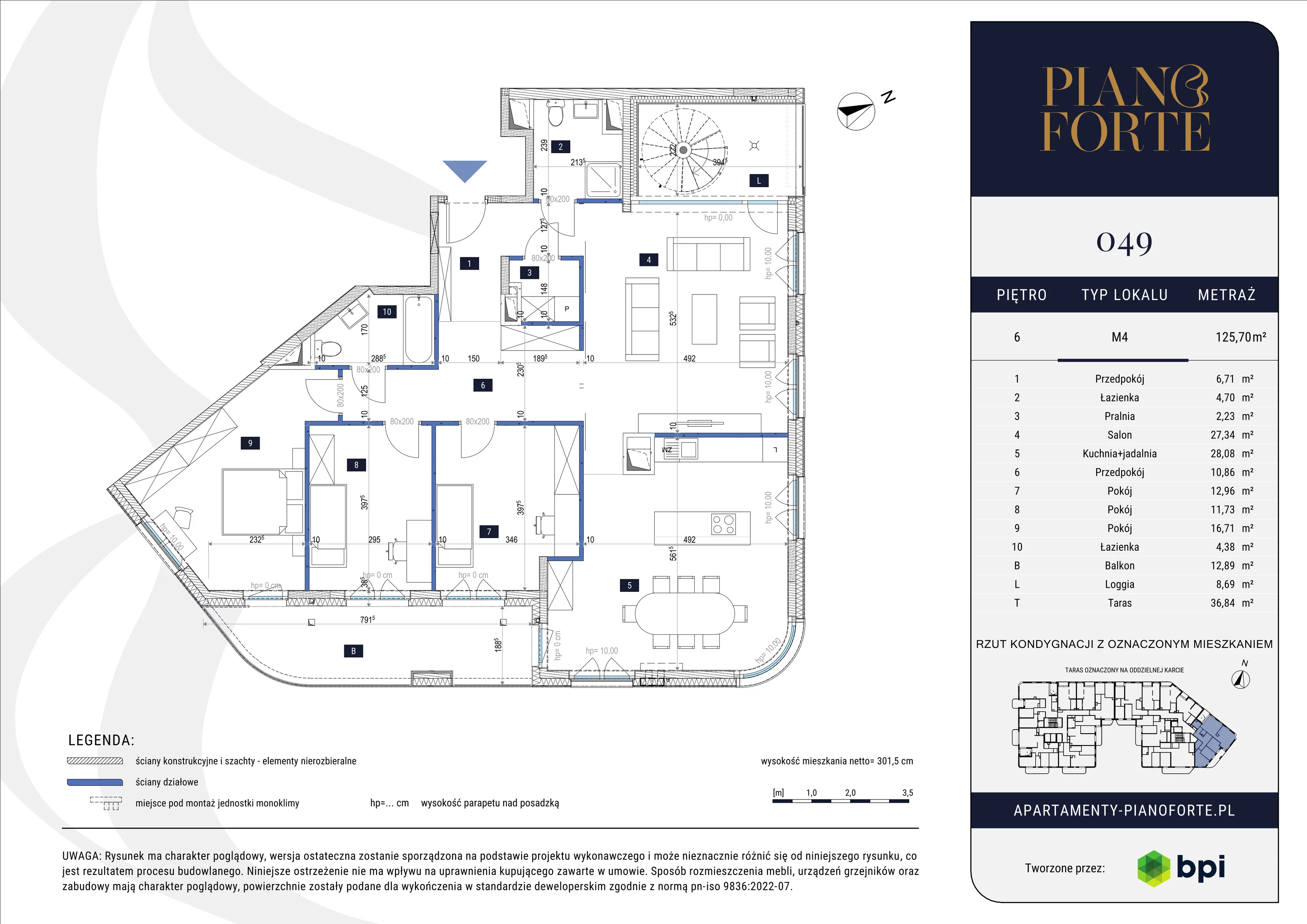 5 pokoi, mieszkanie 125,70 m², piętro 6, oferta nr PF-M-06.049, PianoForte, Warszawa, Mokotów, Sielce, ul. Zajączkowska 3