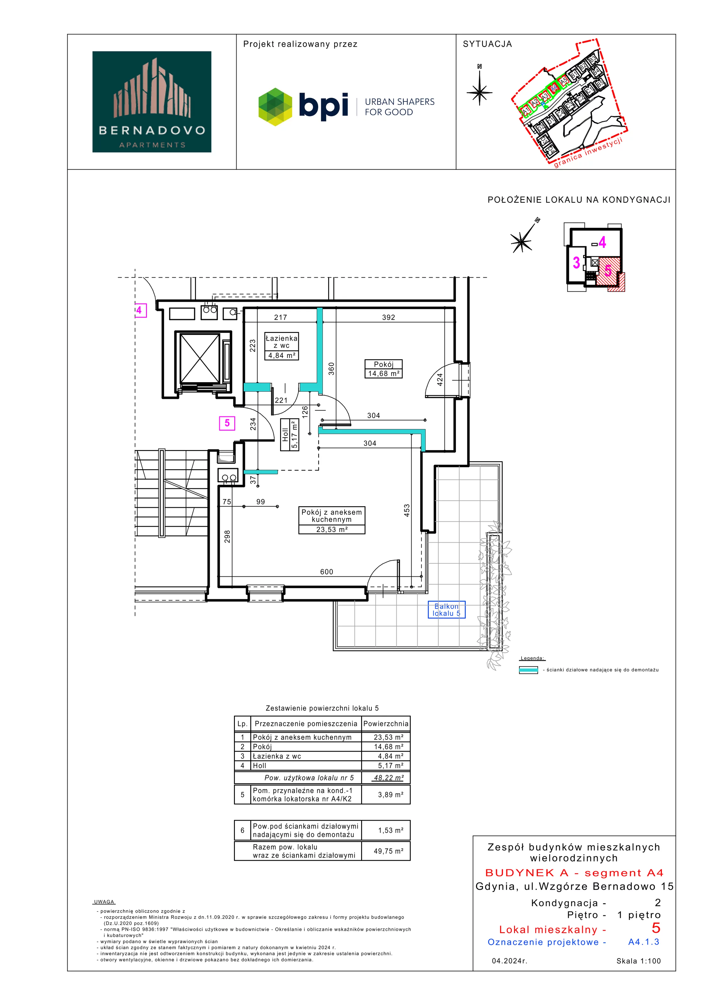2 pokoje, mieszkanie 48,22 m², piętro 1, oferta nr A4.1.3, Bernadovo, Gdynia, Mały Kack, Mały Kack, ul. Wzgórze Bernadowo