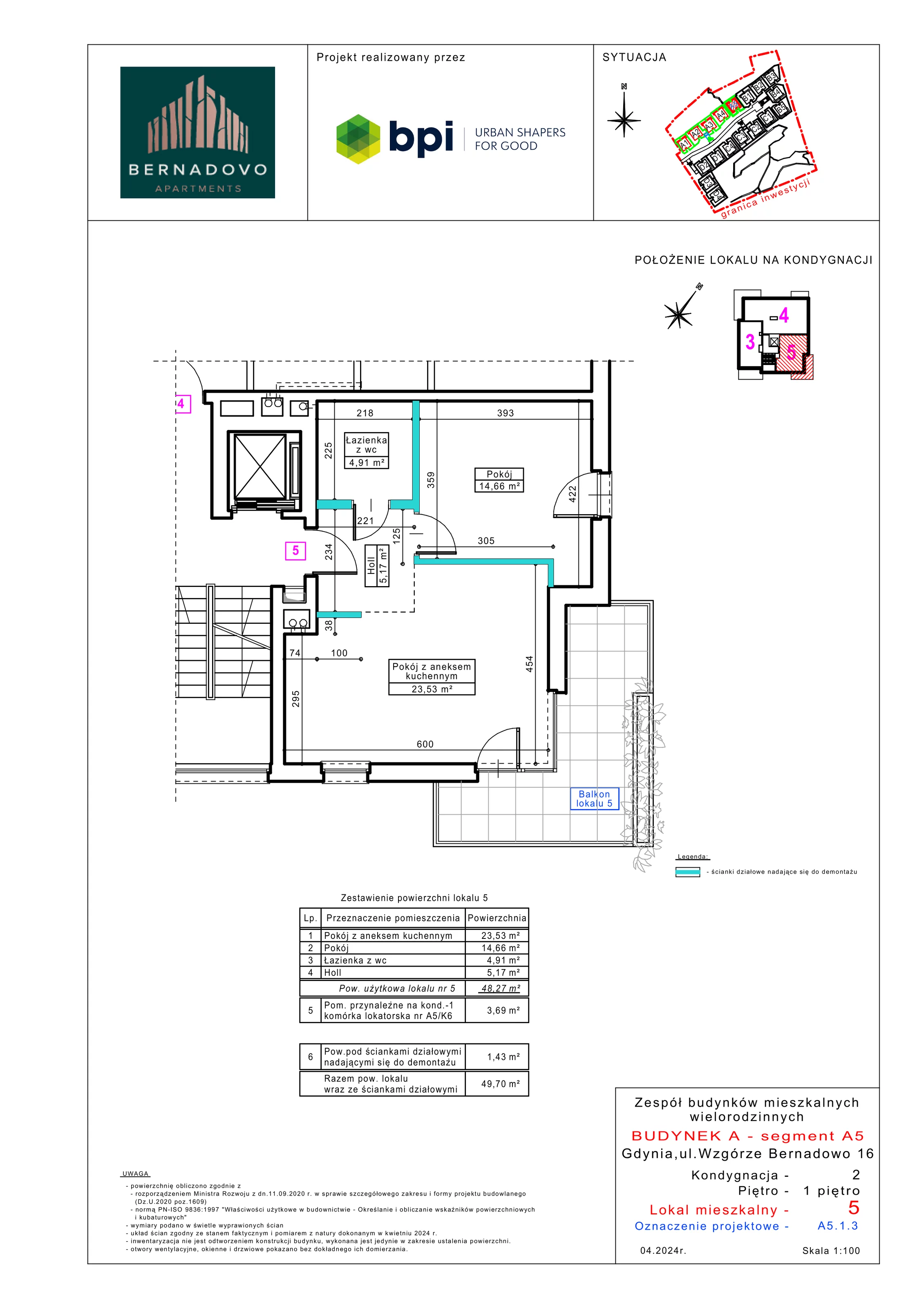 2 pokoje, mieszkanie 48,27 m², piętro 1, oferta nr A5.1.3, Bernadovo, Gdynia, Mały Kack, Mały Kack, ul. Wzgórze Bernadowo