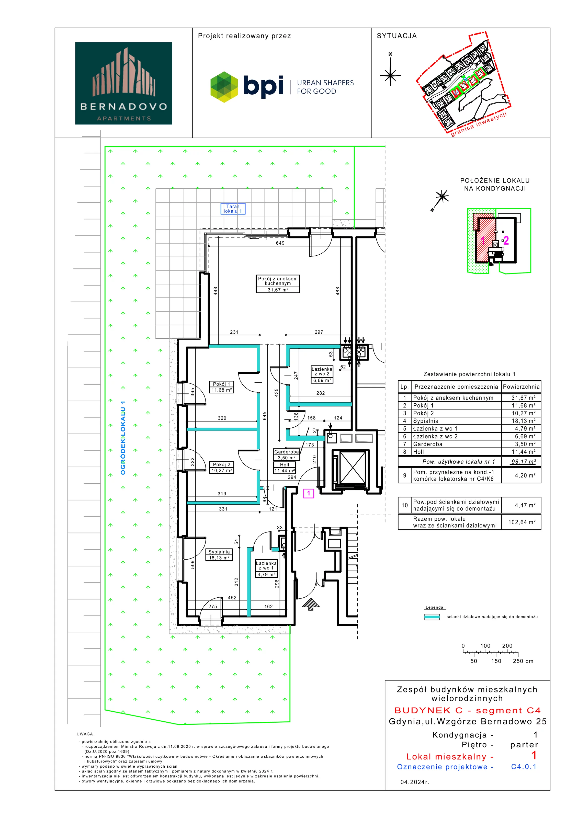 4 pokoje, mieszkanie 98,17 m², parter, oferta nr C4.0.1, Bernadovo, Gdynia, Mały Kack, Mały Kack, ul. Wzgórze Bernadowo