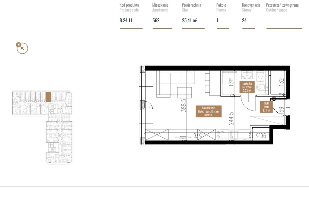 Apartament na sprzedaż, 25,41 m², 1 pokój, piętro 24, oferta nr 120772/78/OMS