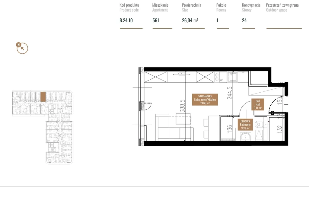 Apartament na sprzedaż, 26,04 m², 1 pokój, piętro 24, oferta nr 121153/78/OMS