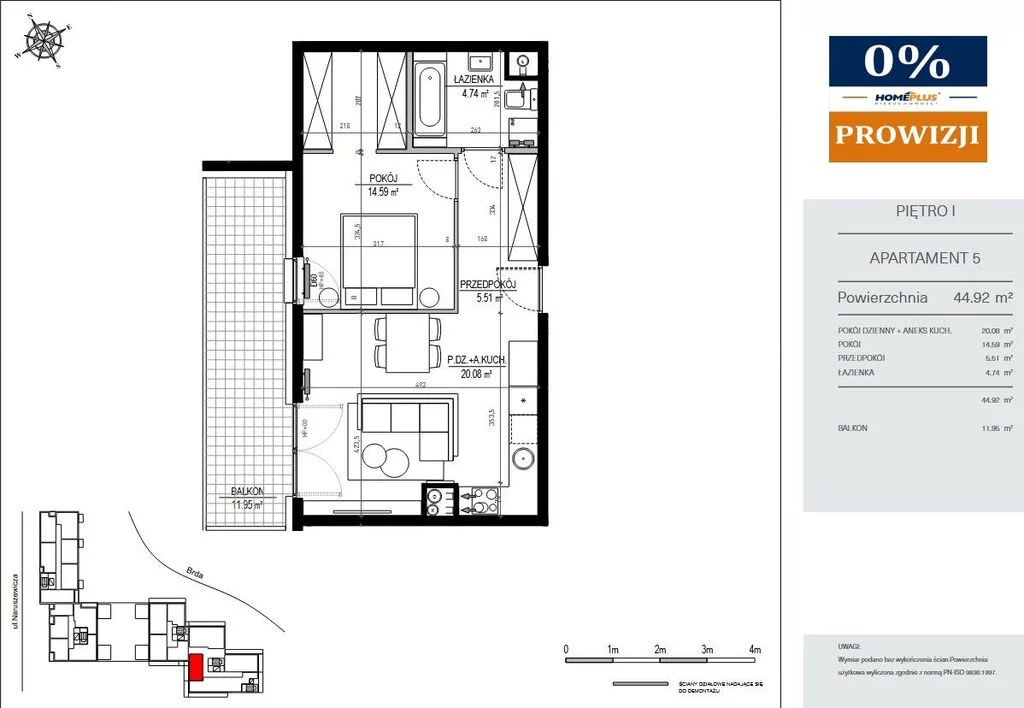2 pokoje, mieszkanie 44,92 m², piętro 1, oferta nr , 124232/78/OMS, Bydgoszcz, Okole, Adama Naruszewicza