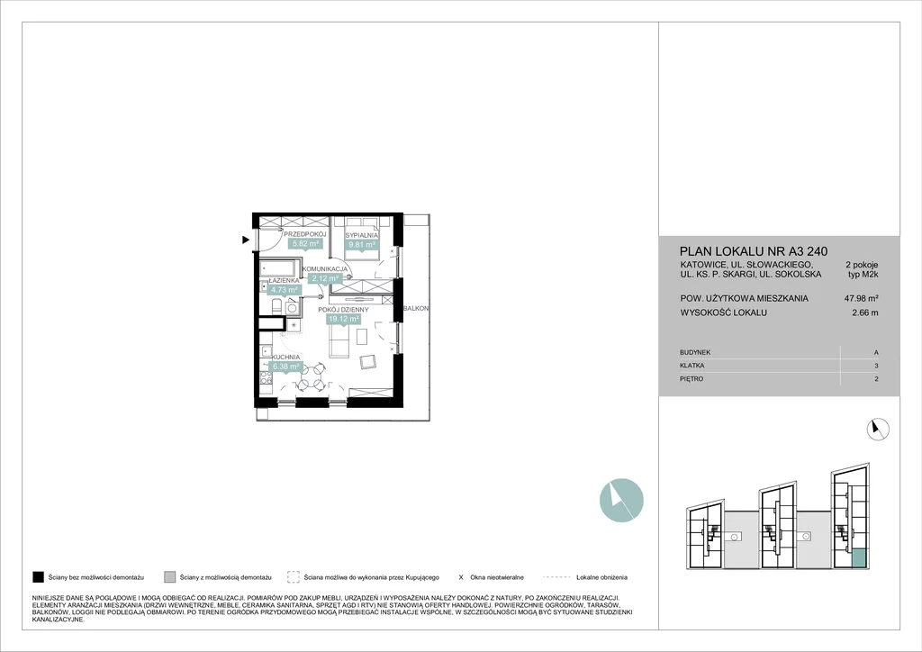 Mieszkanie na sprzedaż, 47,98 m², 2 pokoje, 2 piętro, oferta nr 122191/78/OMS