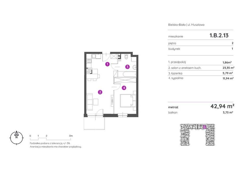 Mieszkanie na sprzedaż, 42,94 m², 2 pokoje, 2 piętro, oferta nr 116798/78/OMS