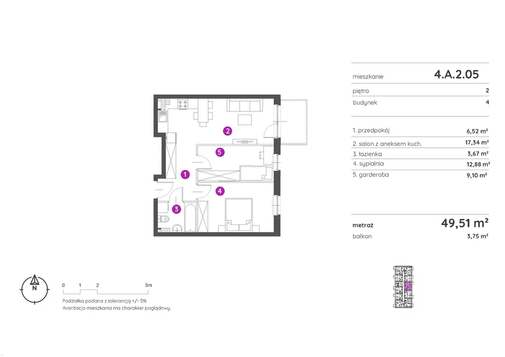 Mieszkanie na sprzedaż, 49,51 m², 2 pokoje, 2 piętro, oferta nr 121324/78/OMS