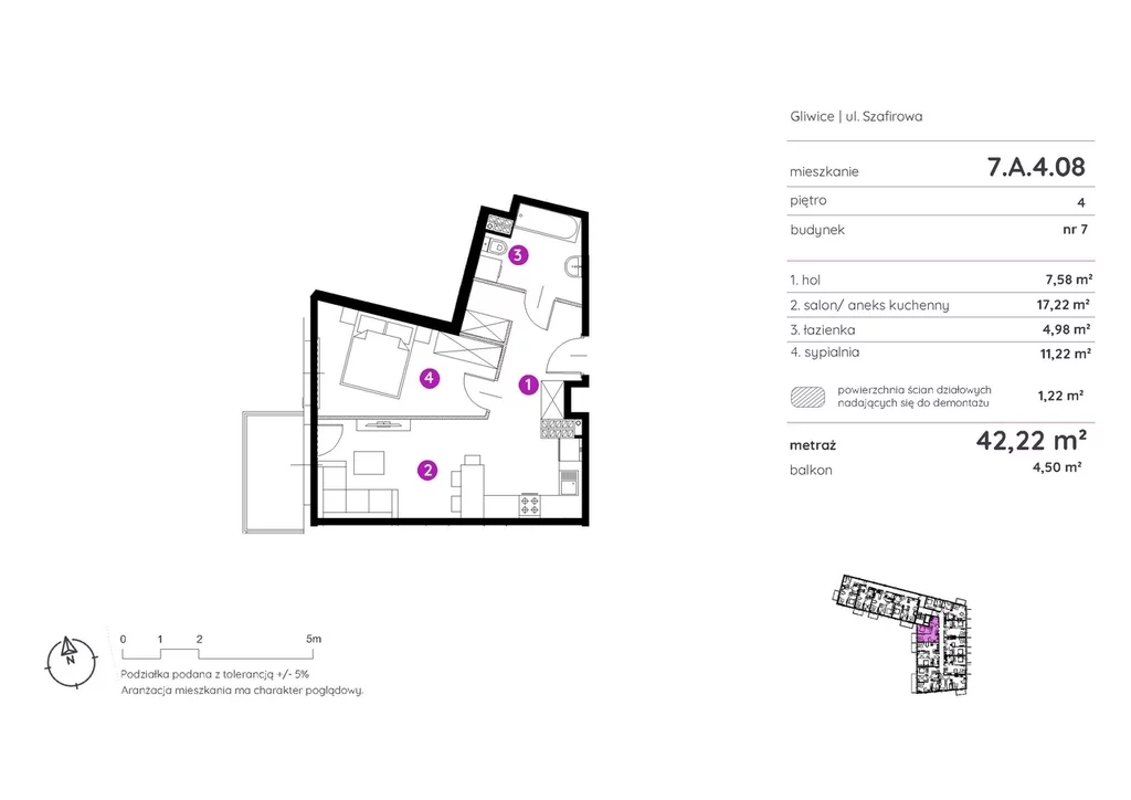 Mieszkanie na sprzedaż, 42,22 m², 2 pokoje, 4 piętro, oferta nr 117445/78/OMS