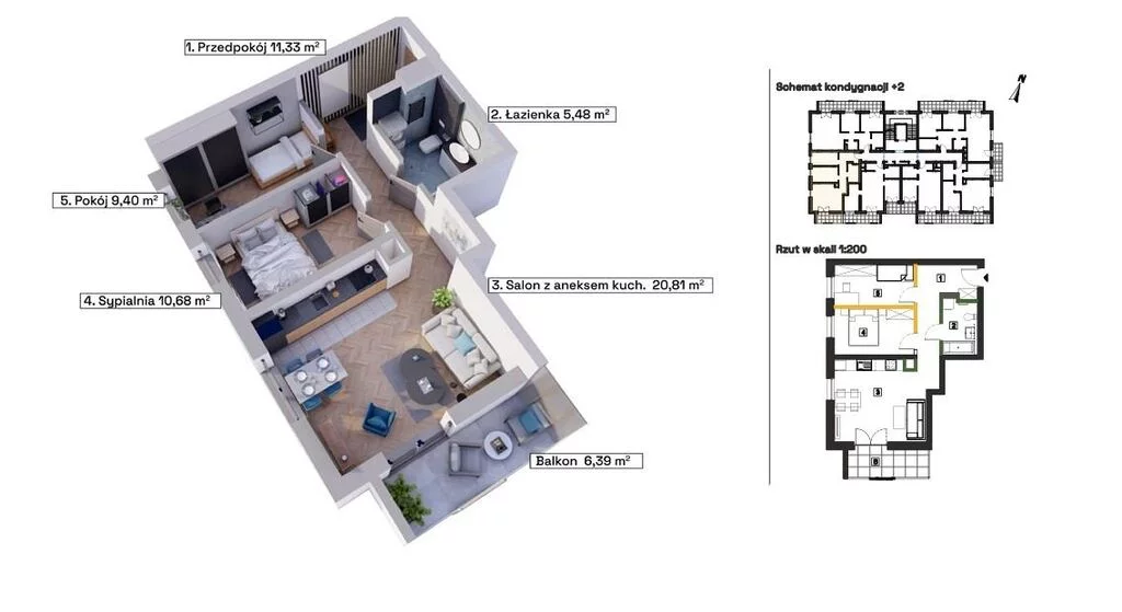 Mieszkanie na sprzedaż, 59,06 m², 3 pokoje, 2 piętro, oferta nr 122160/78/OMS