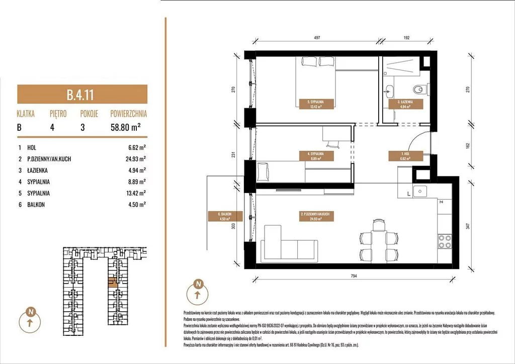 Mieszkanie na sprzedaż, 58,80 m², 3 pokoje, 4 piętro, oferta nr 119255/78/OMS