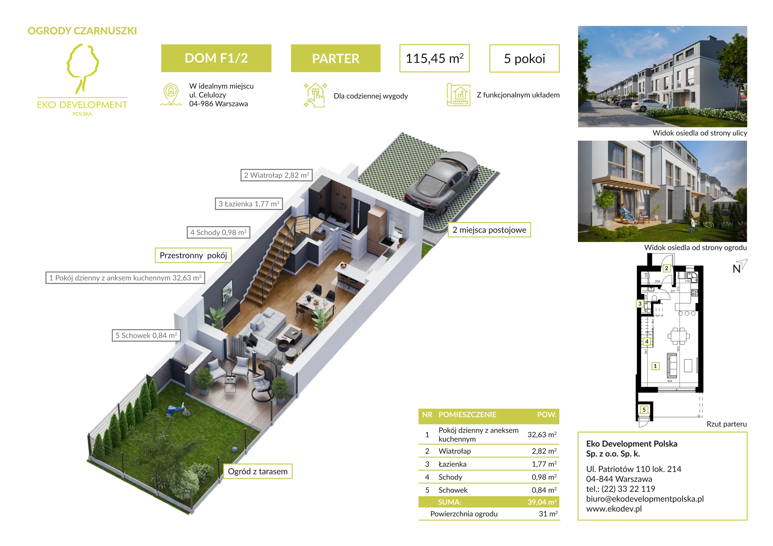 5 pokoi, mieszkanie 115,45 m², parter, oferta nr F1.2, Osiedle Ogrody Czarnuszki, Warszawa, Wawer, Nadwiśle, ul. Celulozy 32