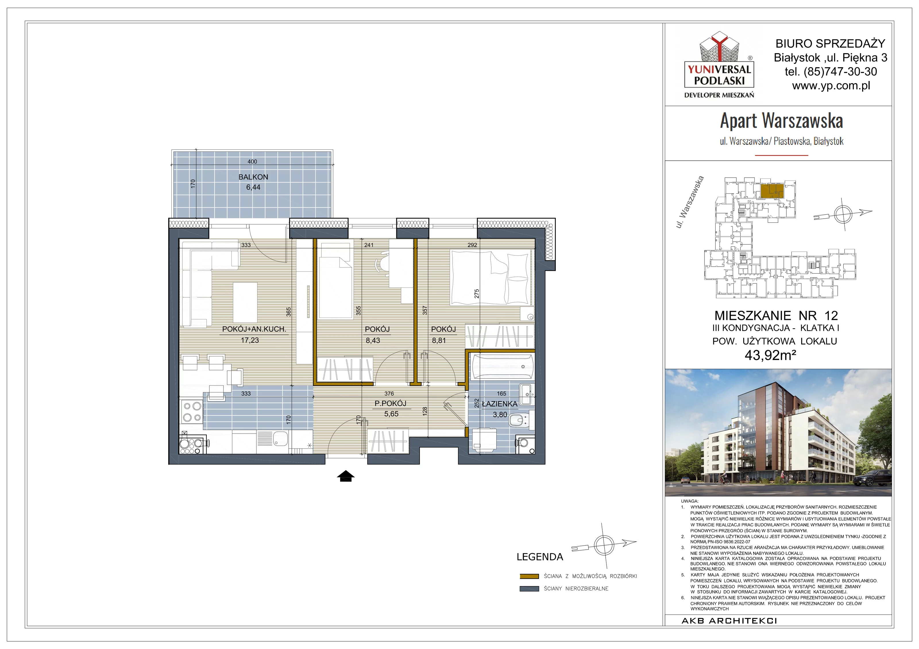 3 pokoje, mieszkanie 43,92 m², piętro 2, oferta nr 12, Apart Warszawska, Białystok, Piasta II, ul. Warszawska/ Piastowska