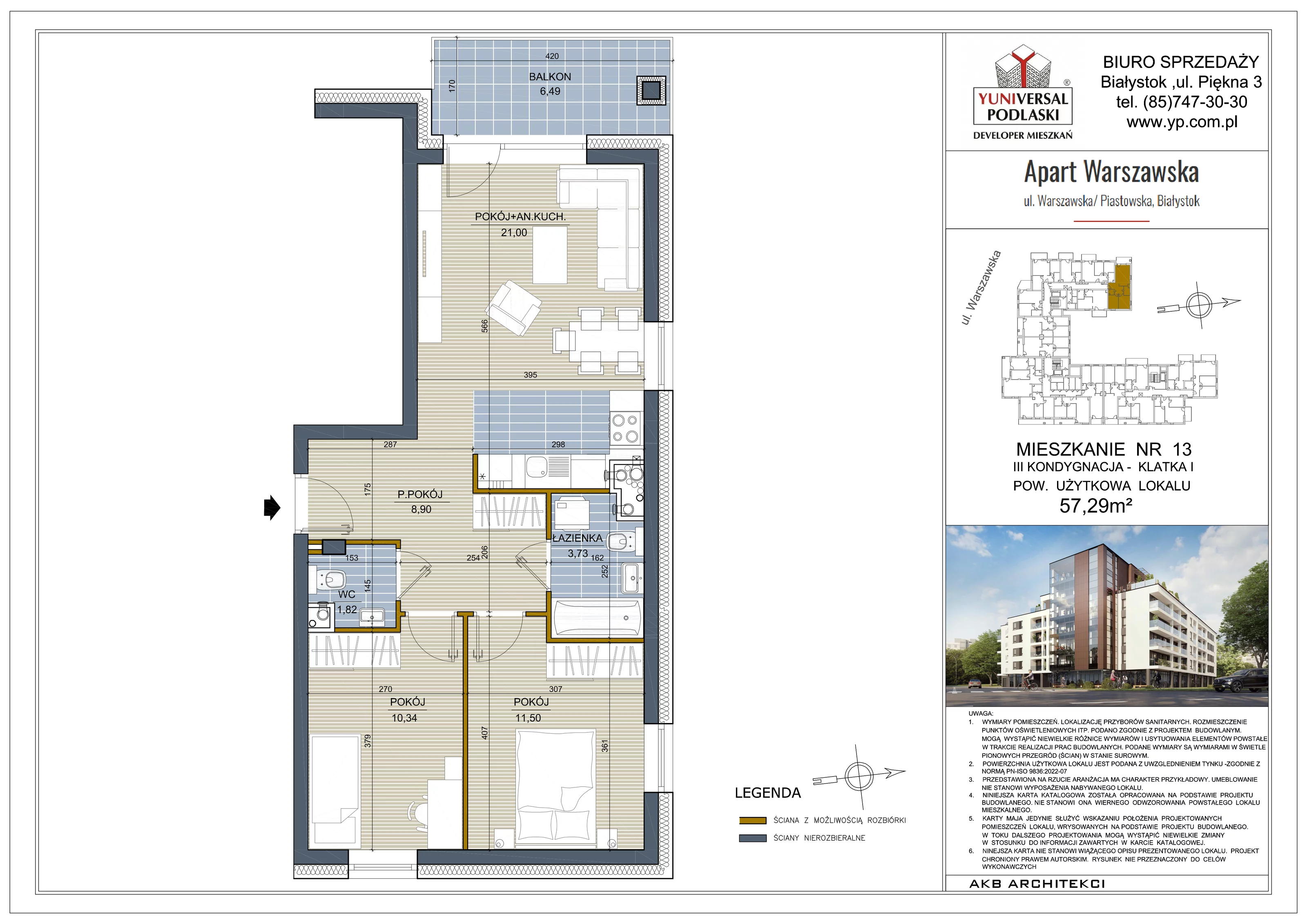 3 pokoje, mieszkanie 57,29 m², piętro 2, oferta nr 13, Apart Warszawska, Białystok, Piasta II, ul. Warszawska/ Piastowska