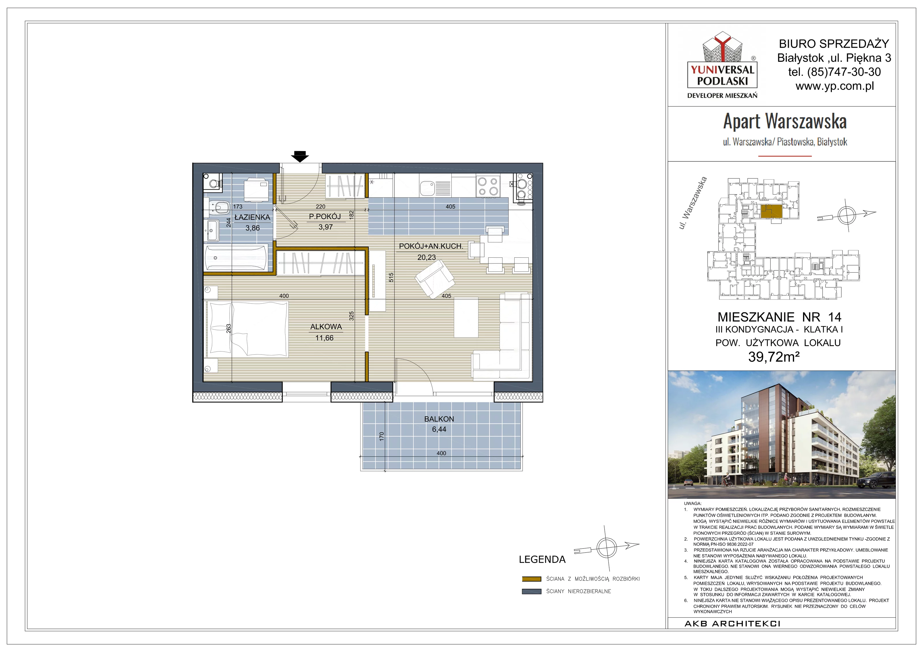 2 pokoje, mieszkanie 39,72 m², piętro 2, oferta nr 14, Apart Warszawska, Białystok, Piasta II, ul. Warszawska/ Piastowska