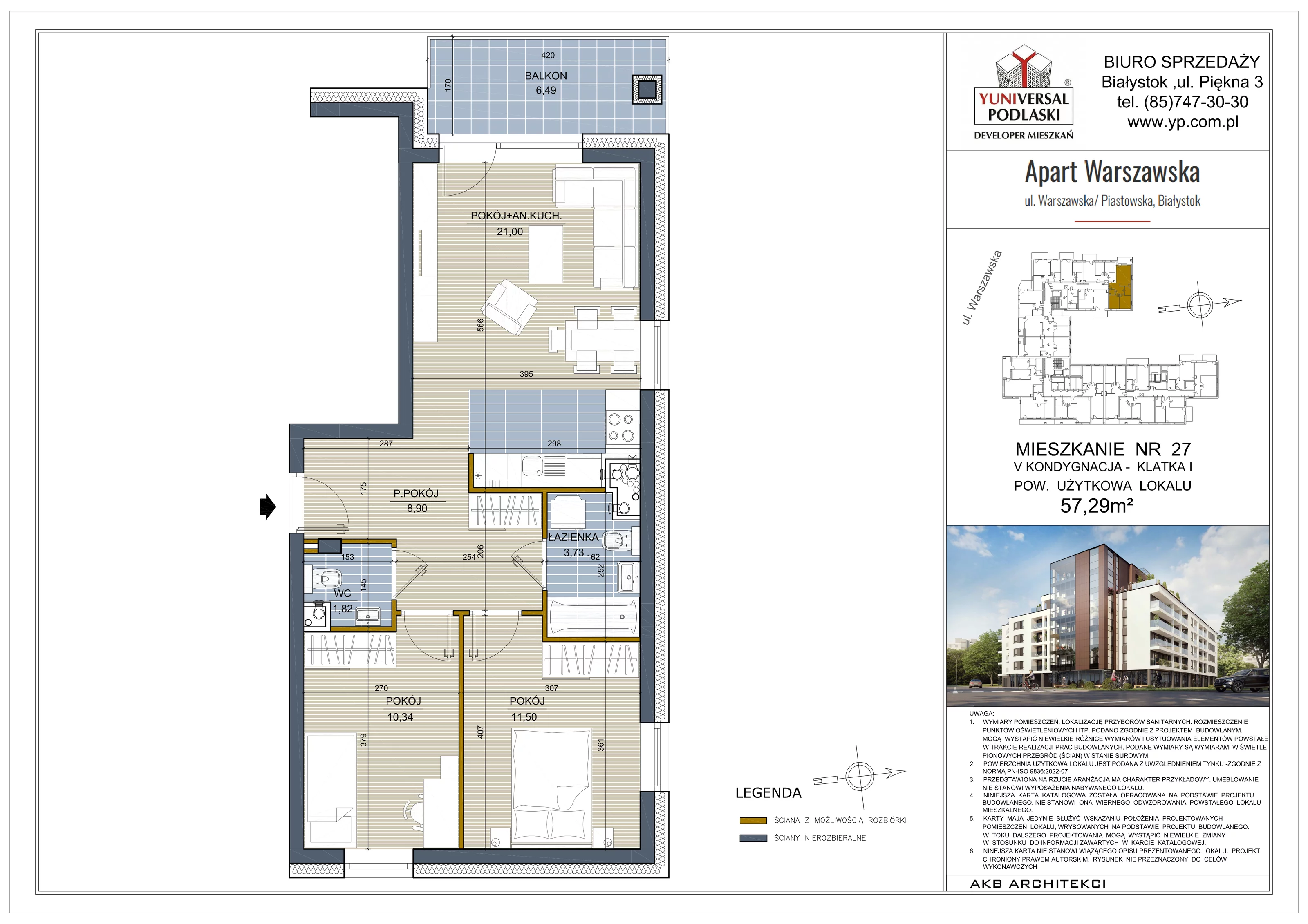3 pokoje, mieszkanie 57,29 m², piętro 4, oferta nr 27, Apart Warszawska, Białystok, Piasta II, ul. Warszawska/ Piastowska